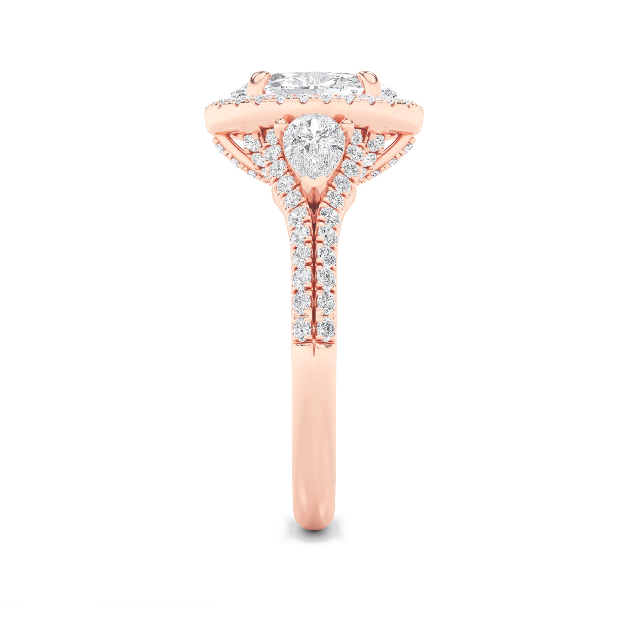 3CTW Oval Shaped Lab Grown Diamond (F/VS) Three Stone Bold Accented Engagement Ring in 14K Gold