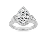 3CTW Pear Shaped Lab Grown Diamond (F/VS) Three Stone Bold Accented Engagement Ring in 14K Gold