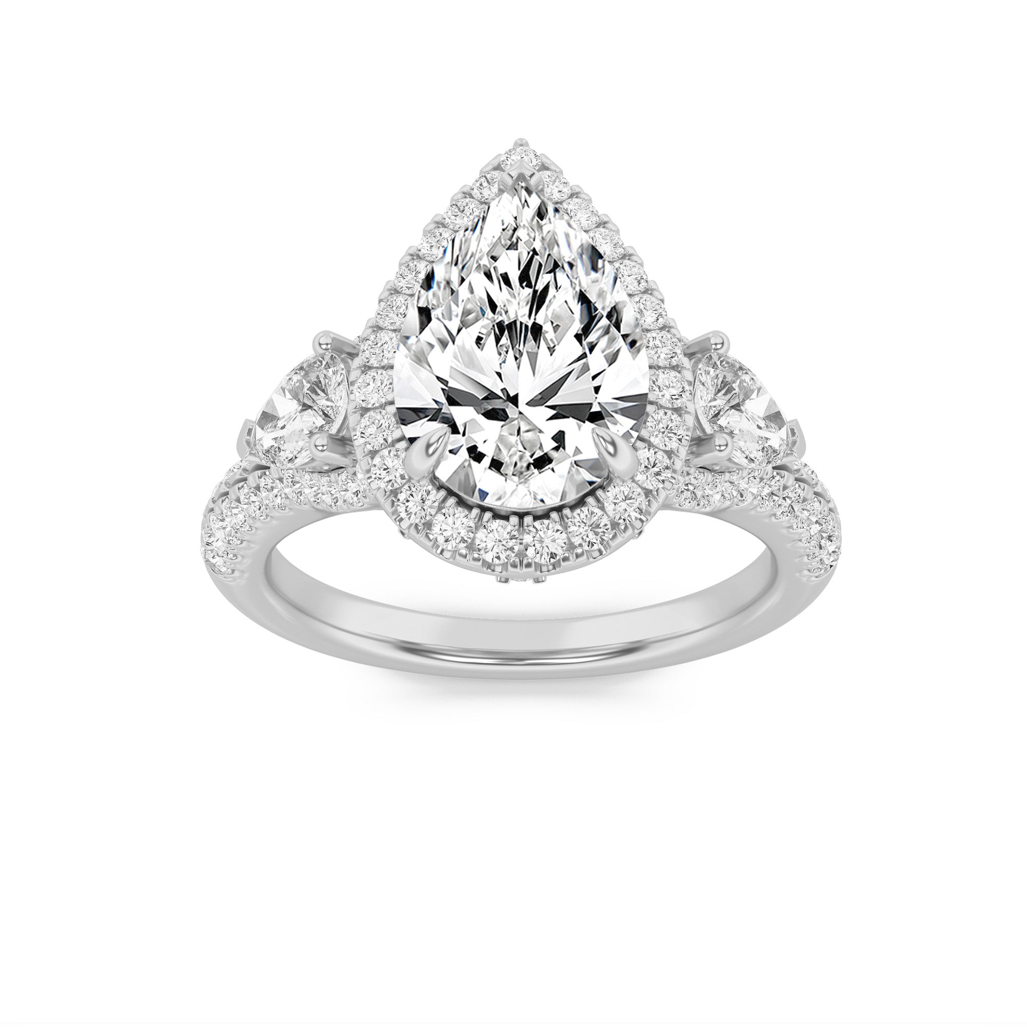 3CTW Pear Shaped Lab Grown Diamond (F/VS) Three Stone Bold Accented Engagement Ring in 14K Gold