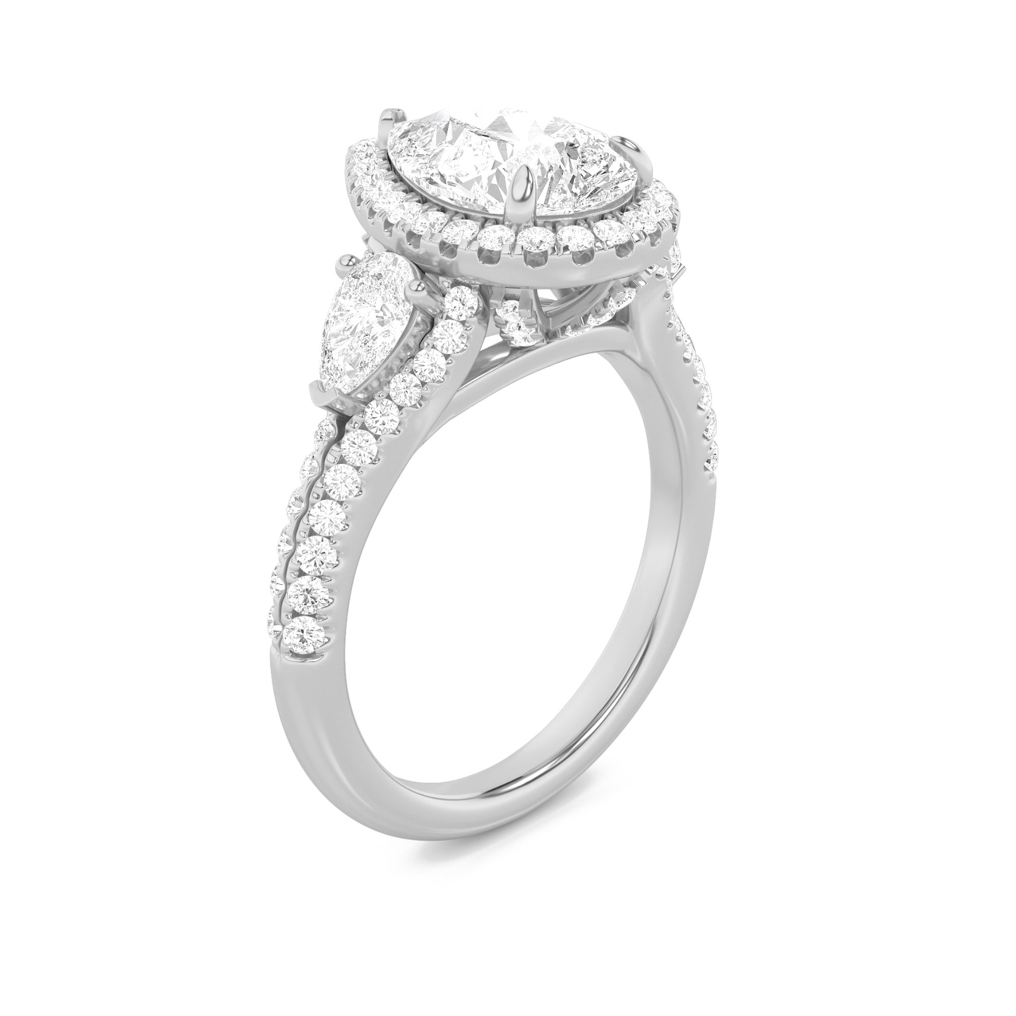 3CTW Pear Shaped Lab Grown Diamond (F/VS) Three Stone Bold Accented Engagement Ring in 14K Gold