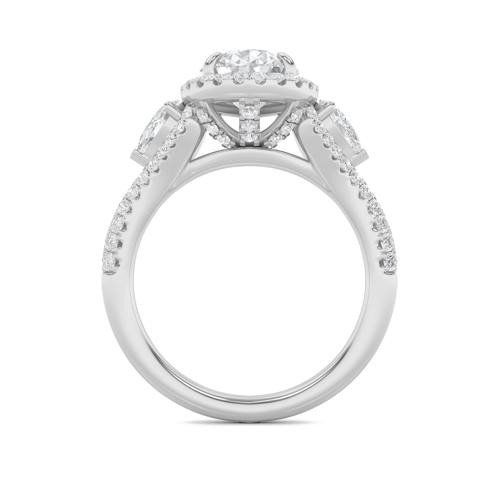 3CTW Pear Shaped Lab Grown Diamond (F/VS) Three Stone Bold Accented Engagement Ring in 14K Gold
