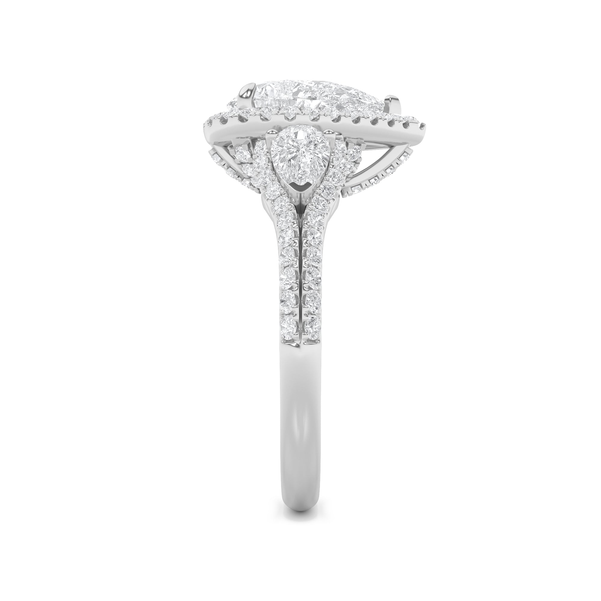3CTW Pear Shaped Lab Grown Diamond (F/VS) Three Stone Bold Accented Engagement Ring in 14K Gold