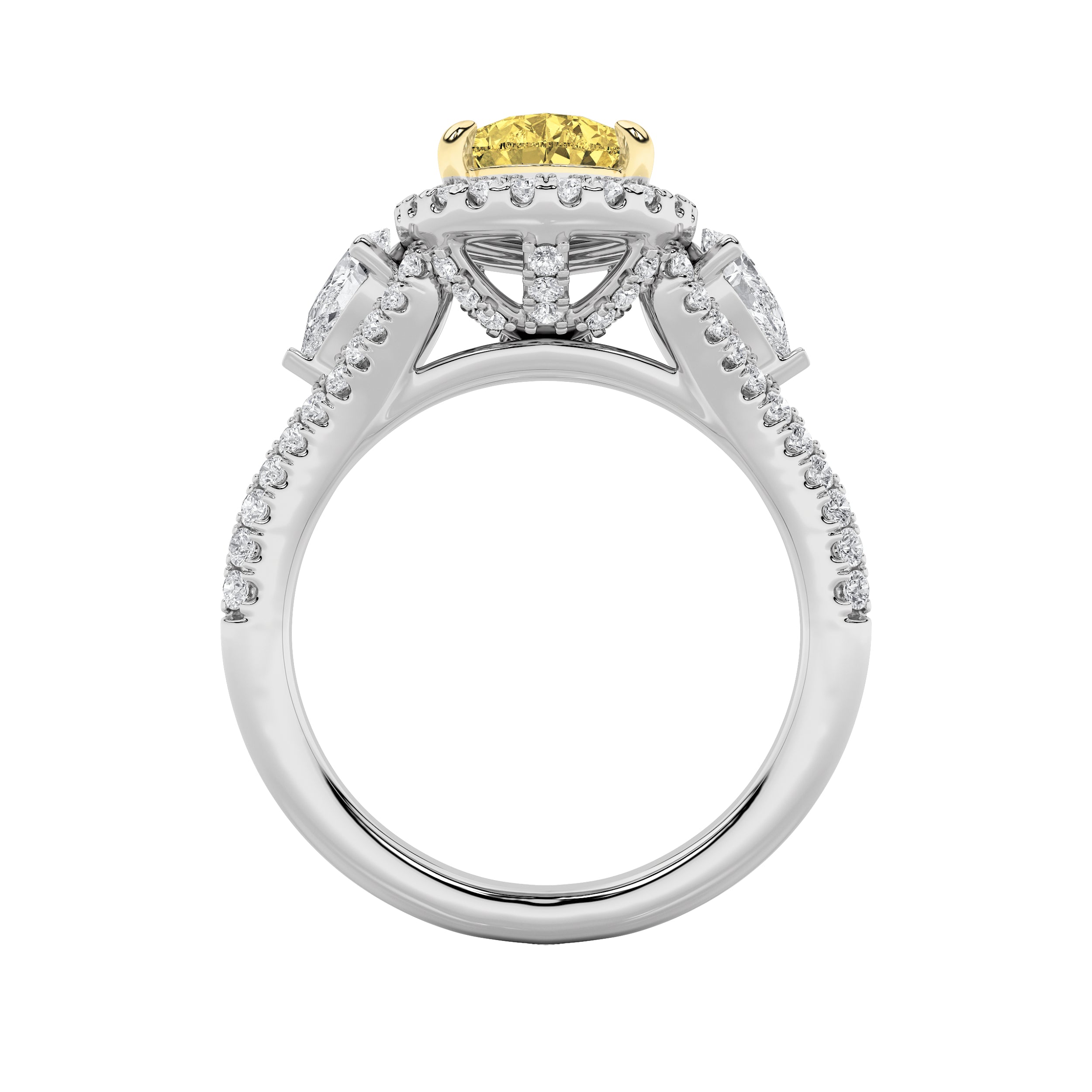 3CTW Pear Shaped Lab Grown Diamond (F/VS) Three Stone Bold Accented Engagement Ring in 14K Gold