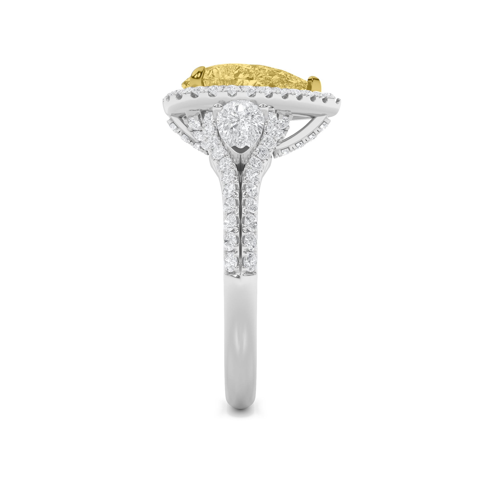 3CTW Pear Shaped Lab Grown Diamond (F/VS) Three Stone Bold Accented Engagement Ring in 14K Gold