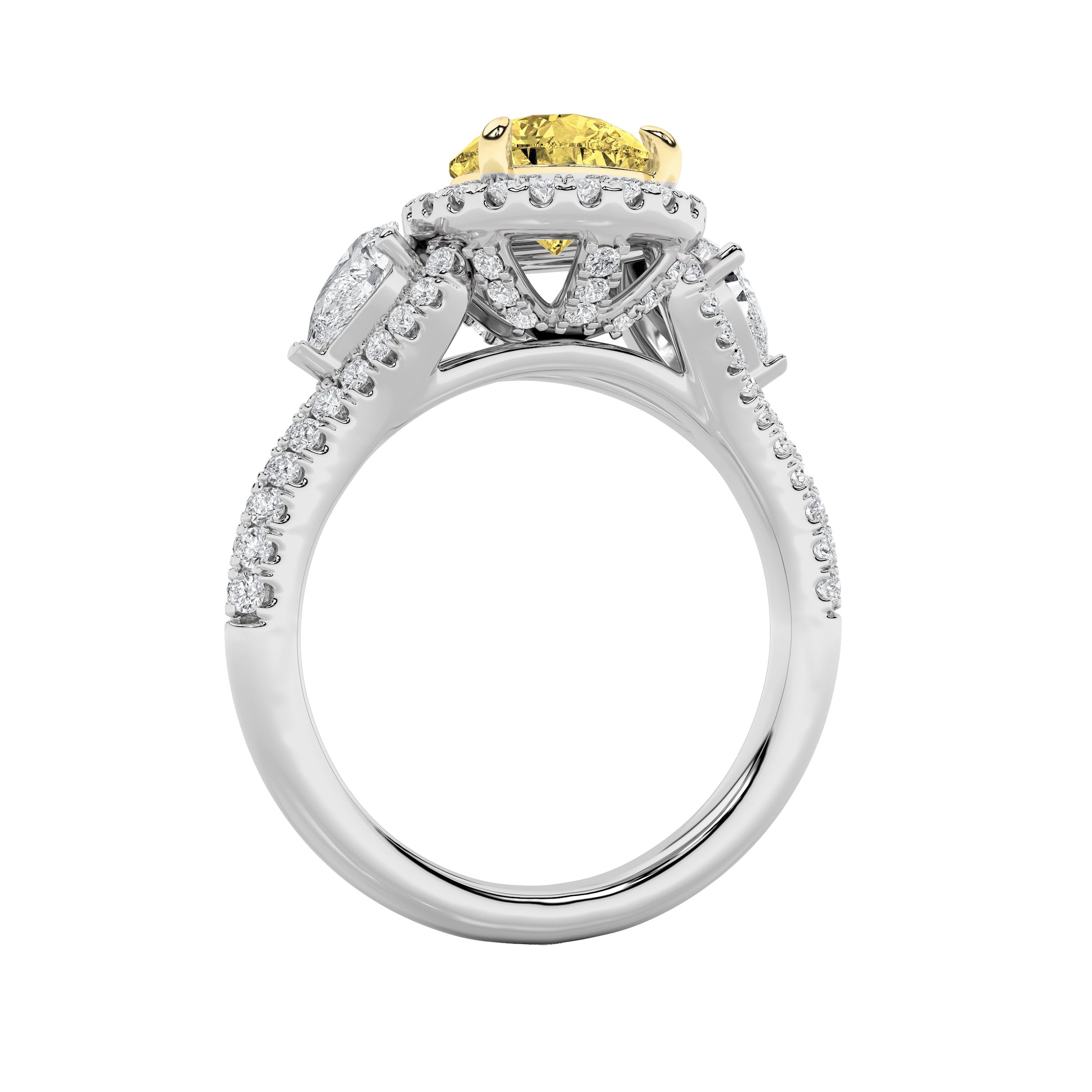 3CTW Pear Shaped Lab Grown Diamond (F/VS) Three Stone Bold Accented Engagement Ring in 14K Gold