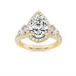 3CTW Pear Shaped Lab Grown Diamond (F/VS) Three Stone Bold Accented Engagement Ring in 14K Gold