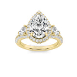 3CTW Pear Shaped Lab Grown Diamond (F/VS) Three Stone Bold Accented Engagement Ring in 14K Gold