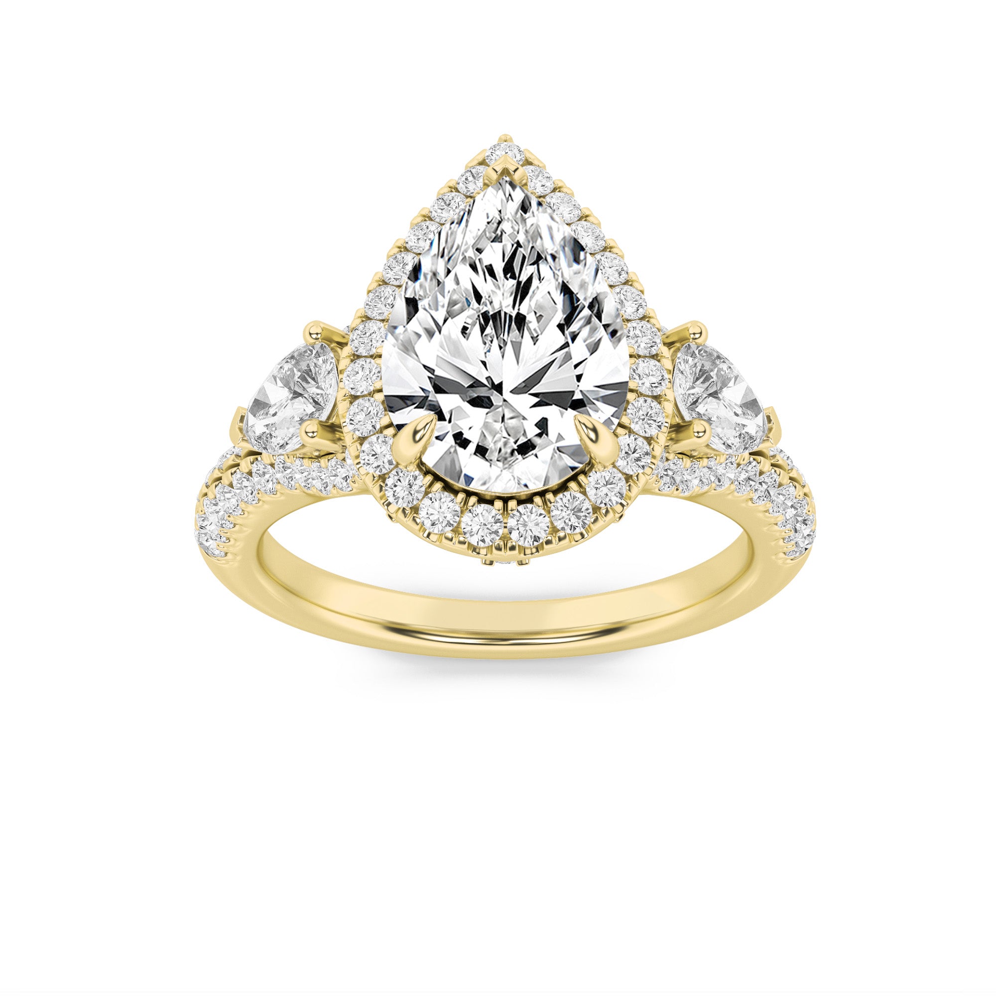 3CTW Pear Shaped Lab Grown Diamond (F/VS) Three Stone Bold Accented Engagement Ring in 14K Gold