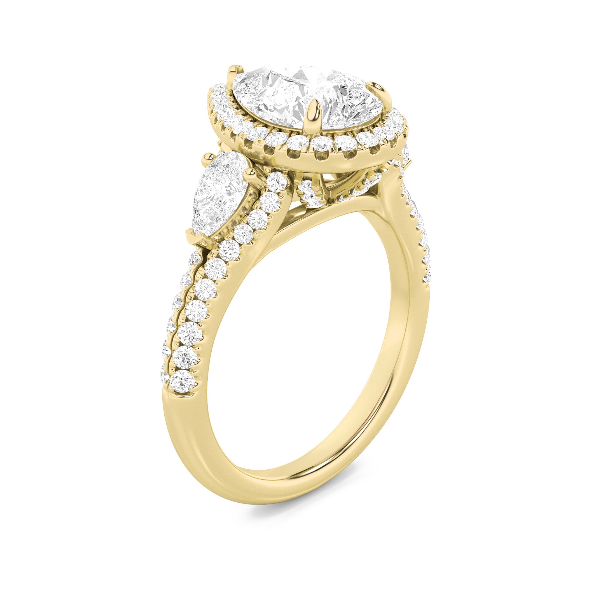 3CTW Pear Shaped Lab Grown Diamond (F/VS) Three Stone Bold Accented Engagement Ring in 14K Gold