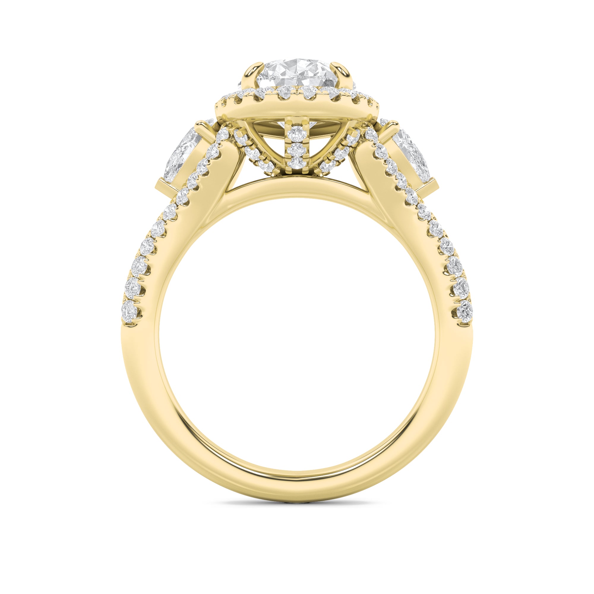 3CTW Pear Shaped Lab Grown Diamond (F/VS) Three Stone Bold Accented Engagement Ring in 14K Gold