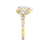 3CTW Pear Shaped Lab Grown Diamond (F/VS) Three Stone Bold Accented Engagement Ring in 14K Gold