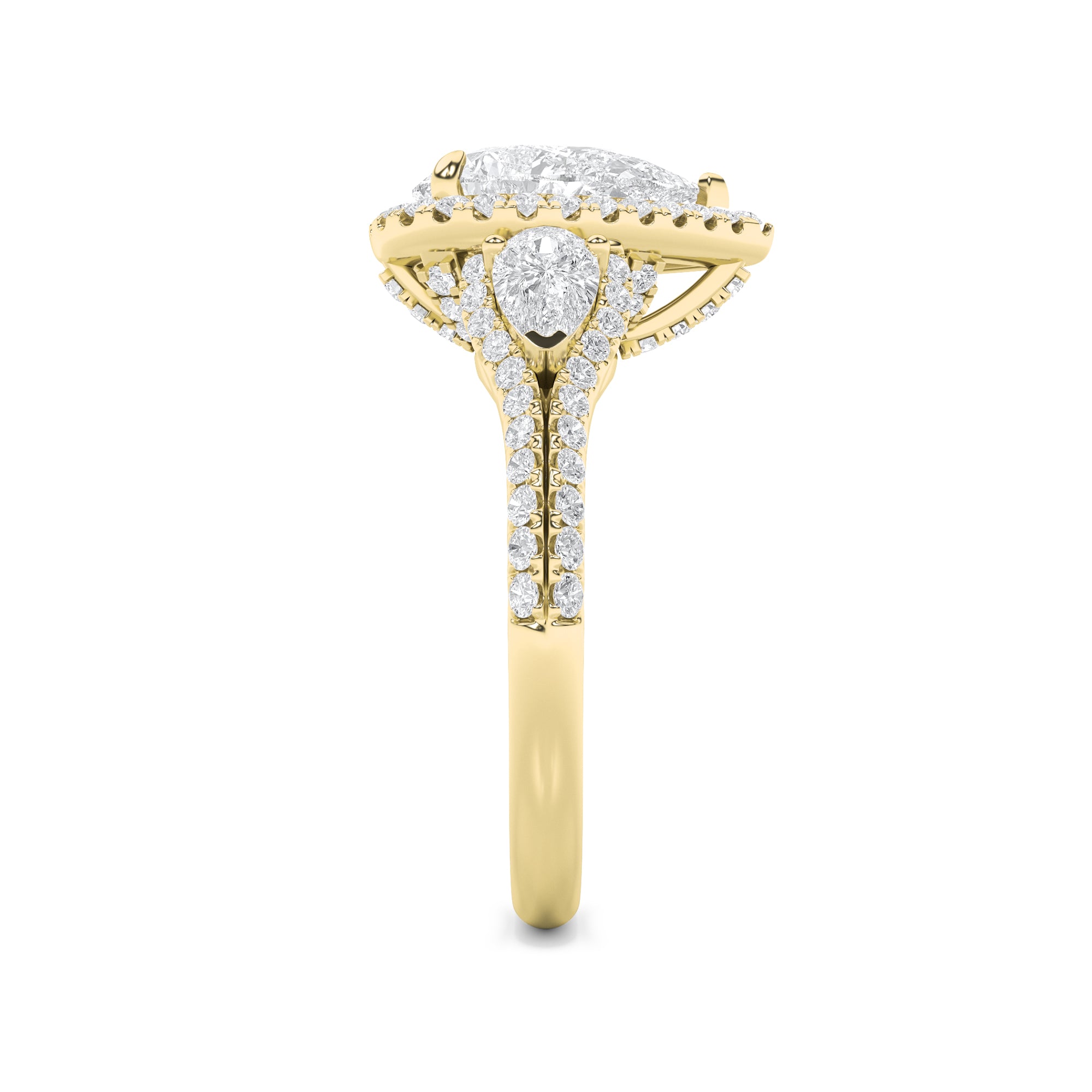 3CTW Pear Shaped Lab Grown Diamond (F/VS) Three Stone Bold Accented Engagement Ring in 14K Gold