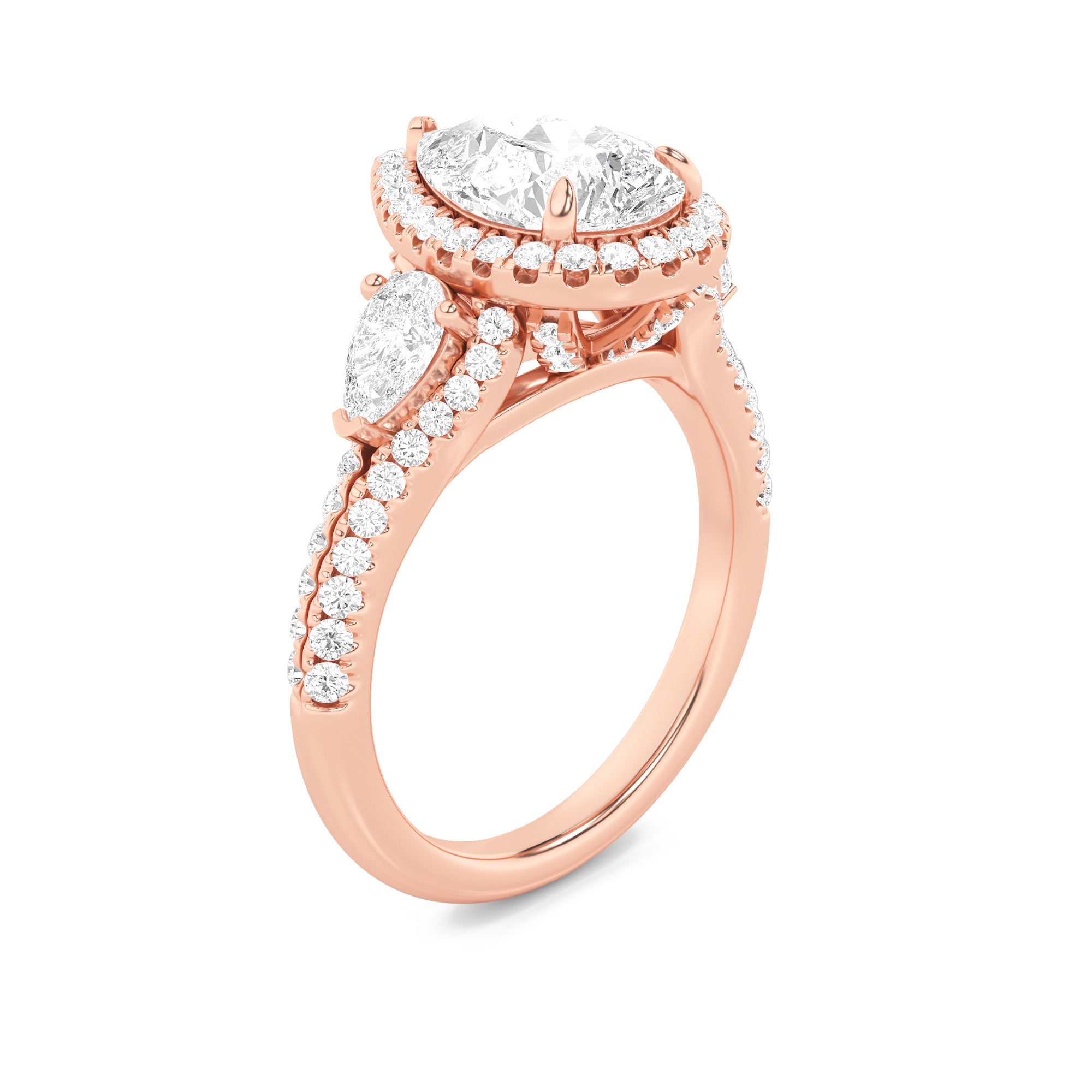 3CTW Pear Shaped Lab Grown Diamond (F/VS) Three Stone Bold Accented Engagement Ring in 14K Gold