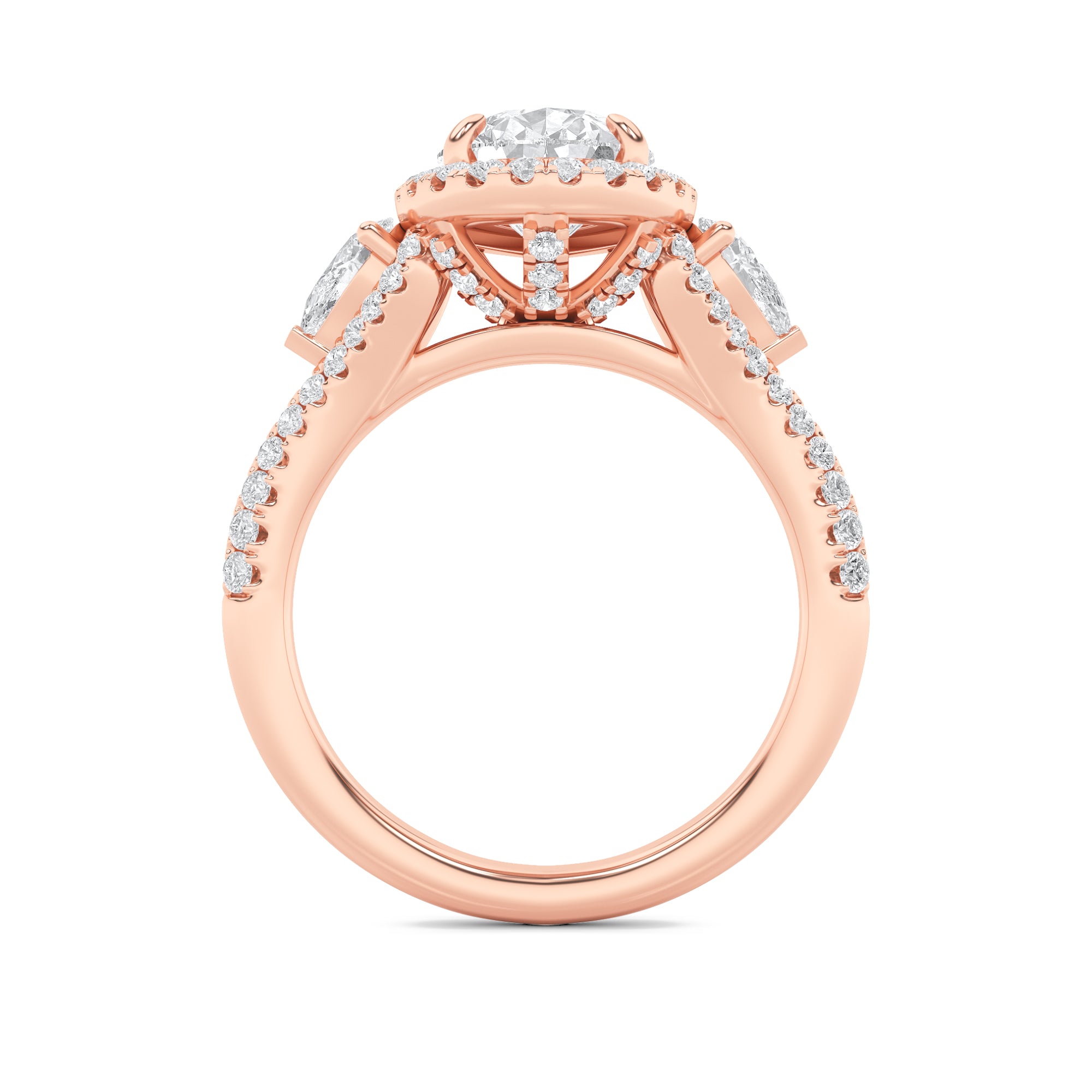 3CTW Pear Shaped Lab Grown Diamond (F/VS) Three Stone Bold Accented Engagement Ring in 14K Gold