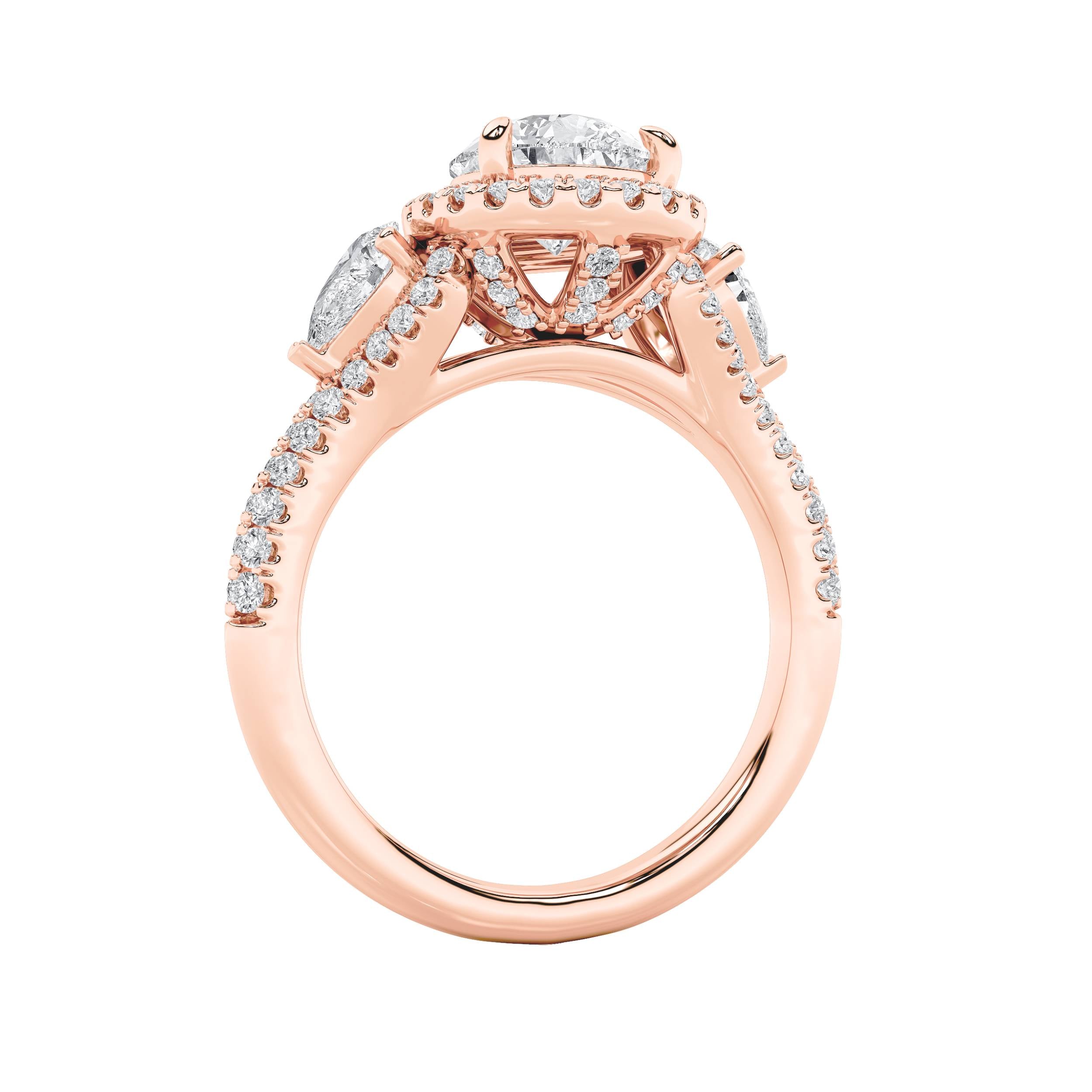 3CTW Pear Shaped Lab Grown Diamond (F/VS) Three Stone Bold Accented Engagement Ring in 14K Gold