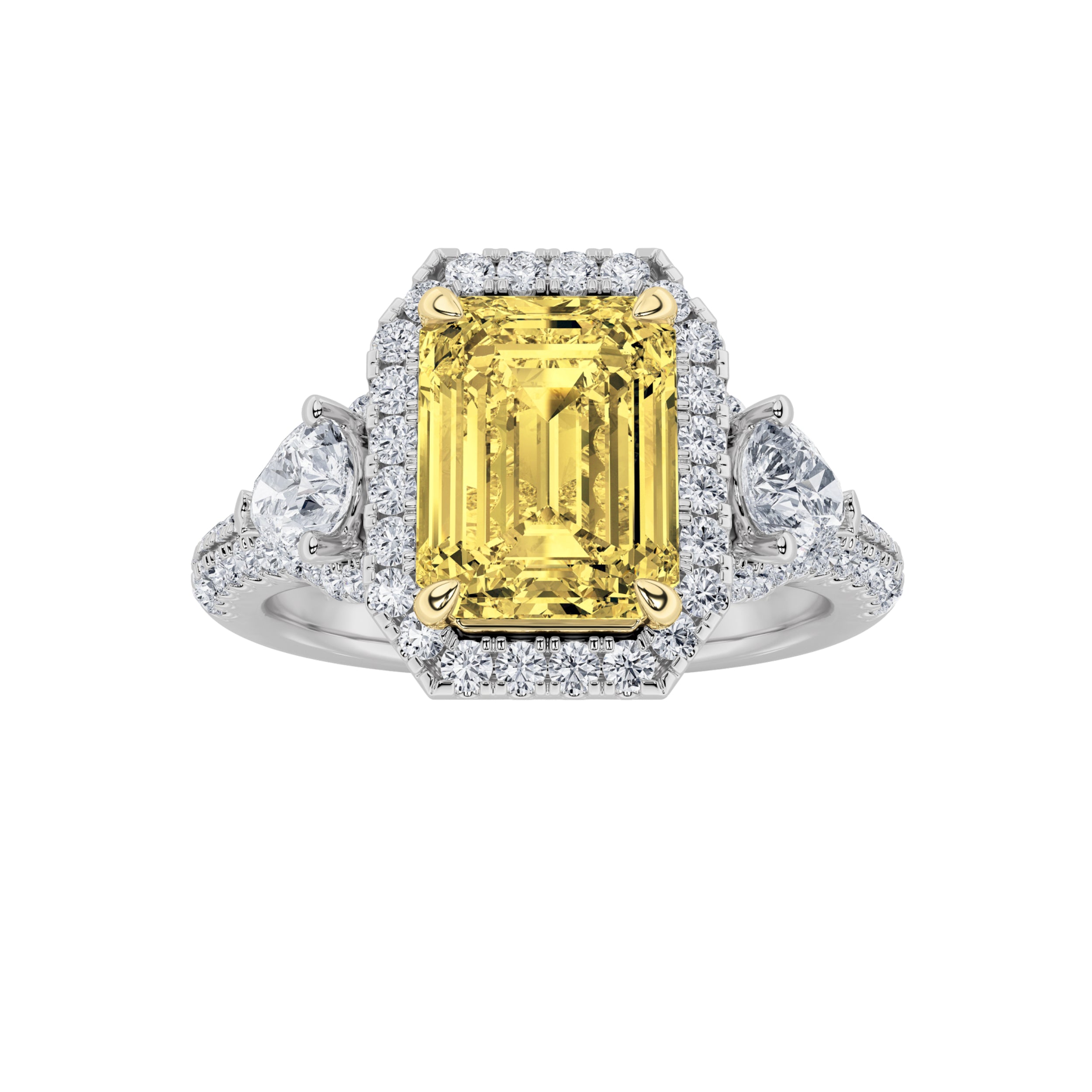 3CTW Radiant Shaped Lab Grown Diamond (F/VS) Accented Three Stone Ring in 14K Gold