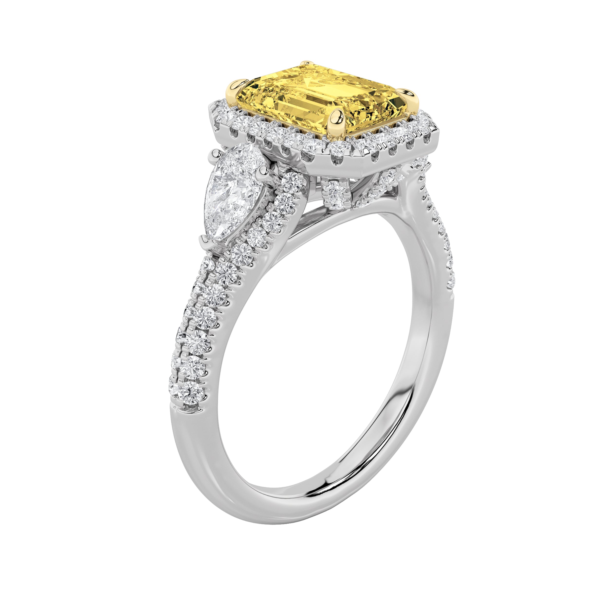 3CTW Radiant Shaped Lab Grown Diamond (F/VS) Accented Three Stone Ring in 14K Gold