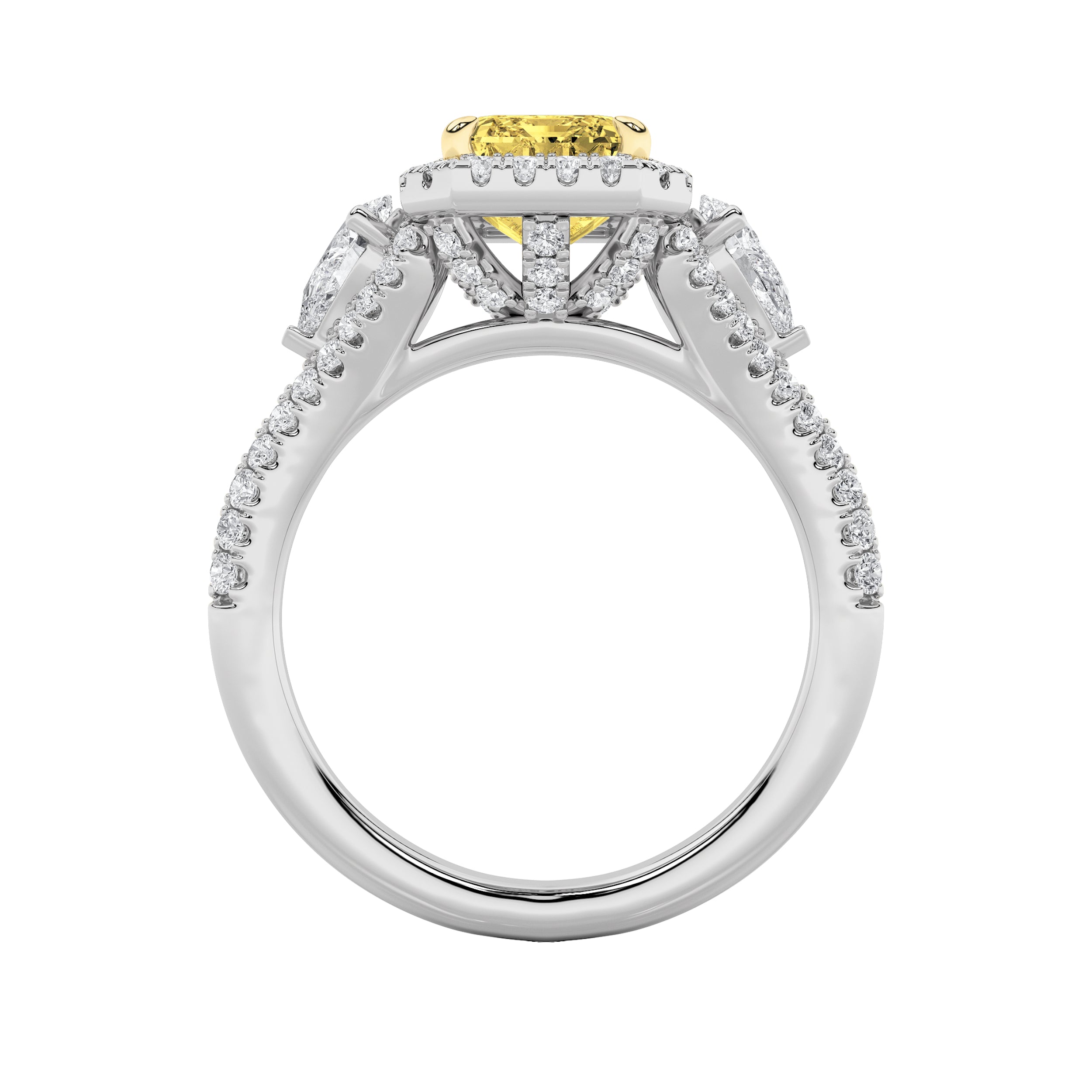 3CTW Radiant Shaped Lab Grown Diamond (F/VS) Accented Three Stone Ring in 14K Gold