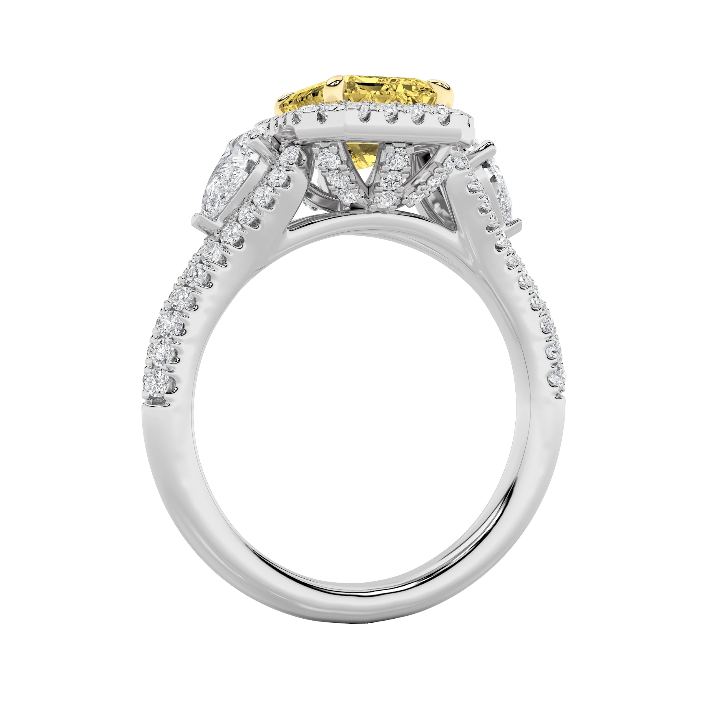 3CTW Radiant Shaped Lab Grown Diamond (F/VS) Accented Three Stone Ring in 14K Gold