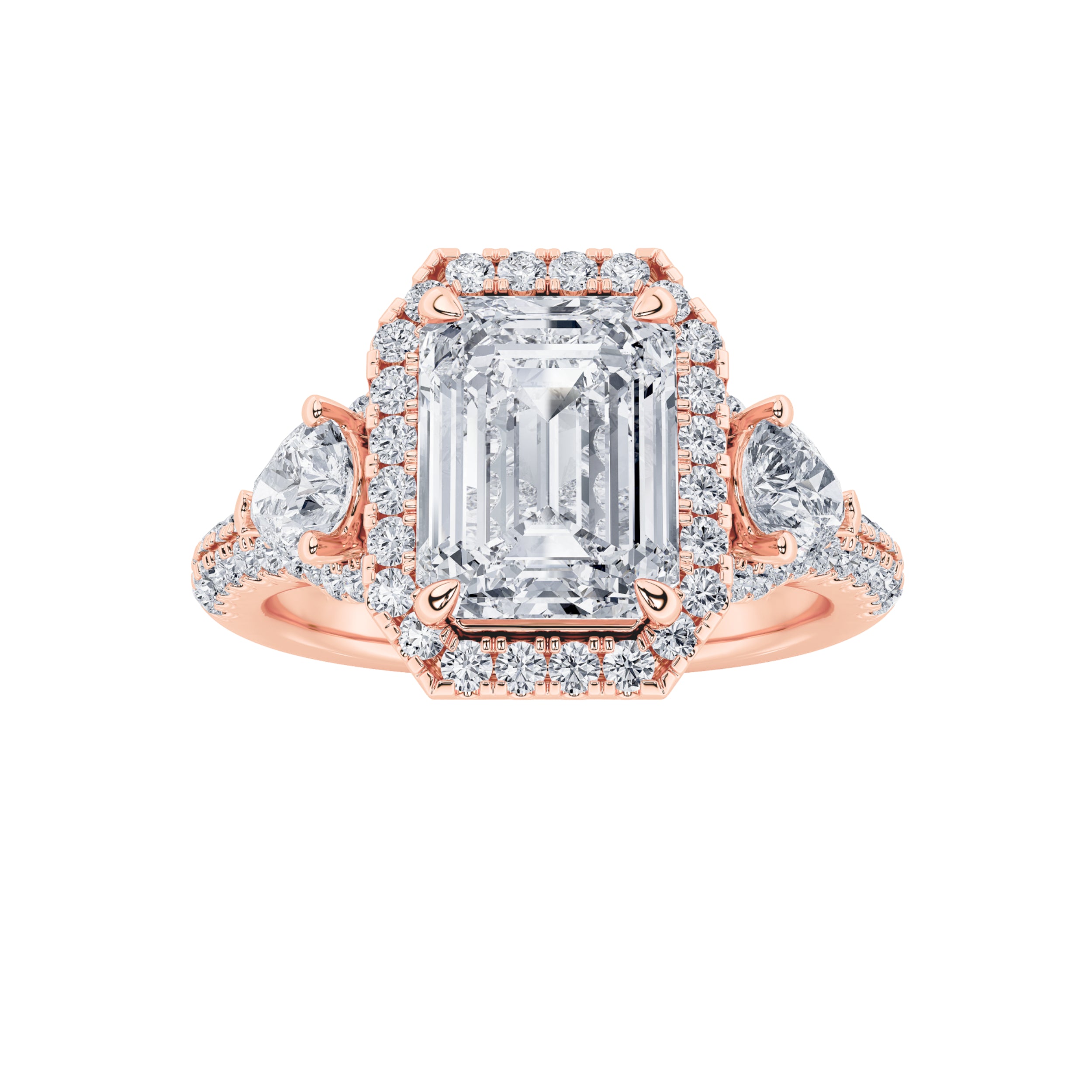 3CTW Radiant Shaped Lab Grown Diamond (F/VS) Accented Three Stone Ring in 14K Gold