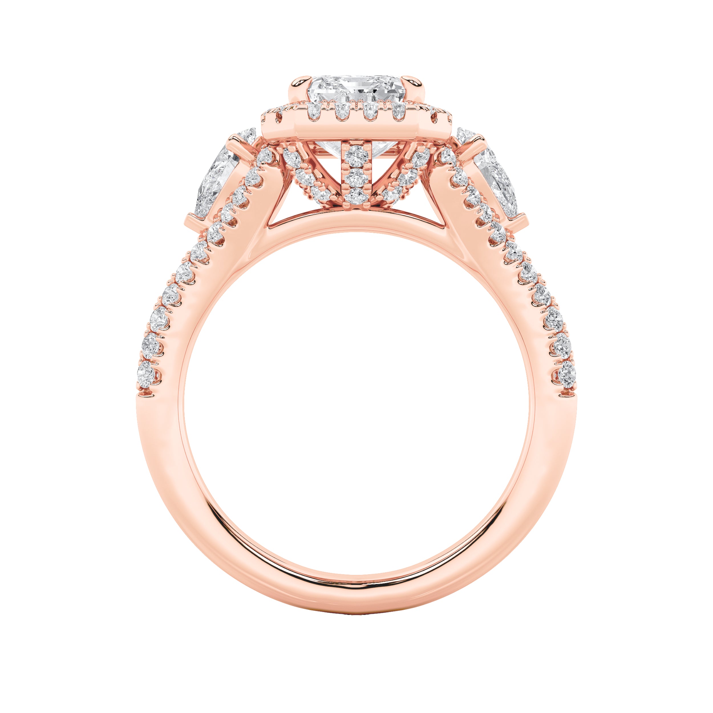 3CTW Radiant Shaped Lab Grown Diamond (F/VS) Accented Three Stone Ring in 14K Gold
