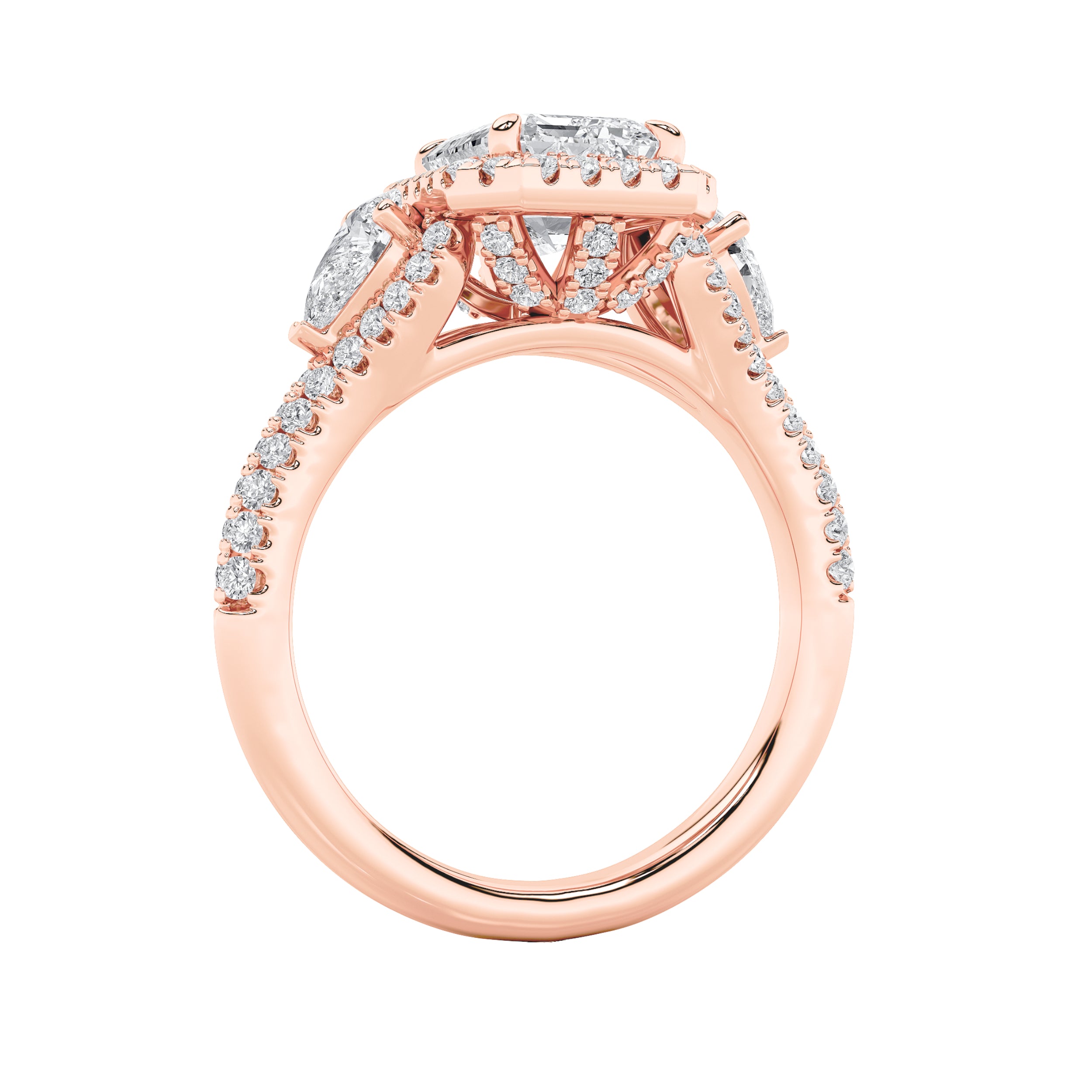 3CTW Radiant Shaped Lab Grown Diamond (F/VS) Accented Three Stone Ring in 14K Gold