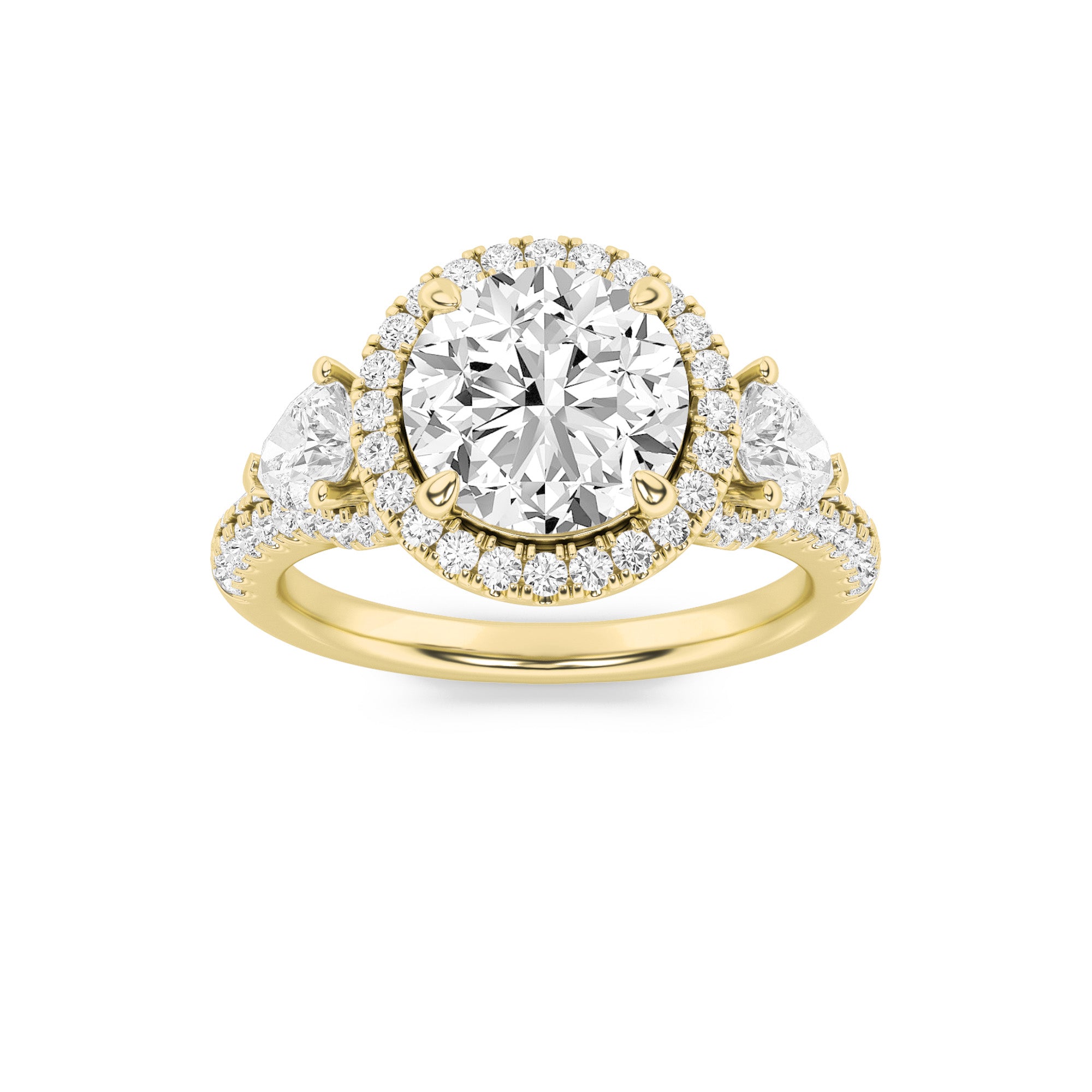 3CTW Round Shaped Lab Grown Diamond (F/VS) Three Stone Bold Accented Engagement Ring in 14K Gold