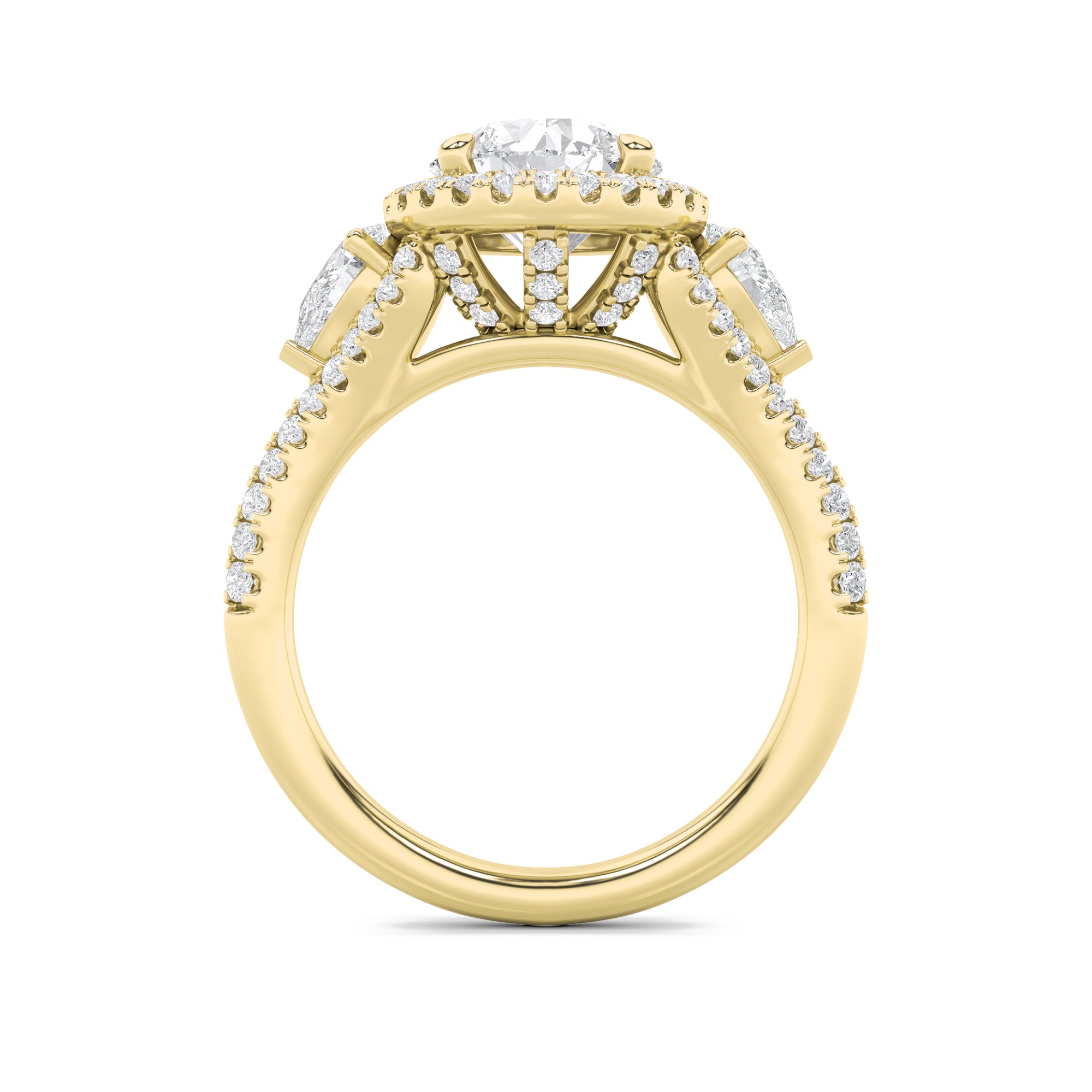 3CTW Round Shaped Lab Grown Diamond (F/VS) Three Stone Bold Accented Engagement Ring in 14K Gold