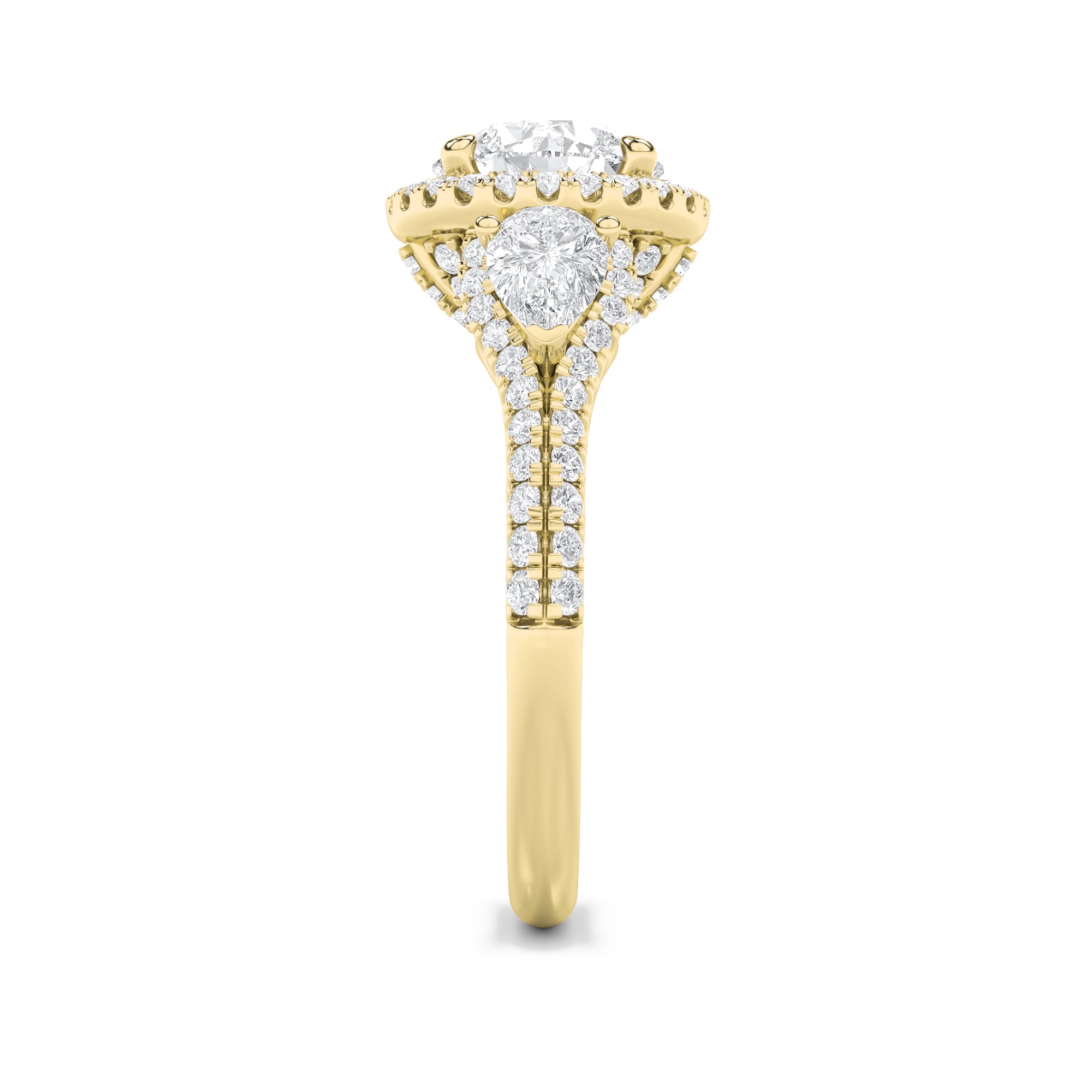 3CTW Round Shaped Lab Grown Diamond (F/VS) Three Stone Bold Accented Engagement Ring in 14K Gold