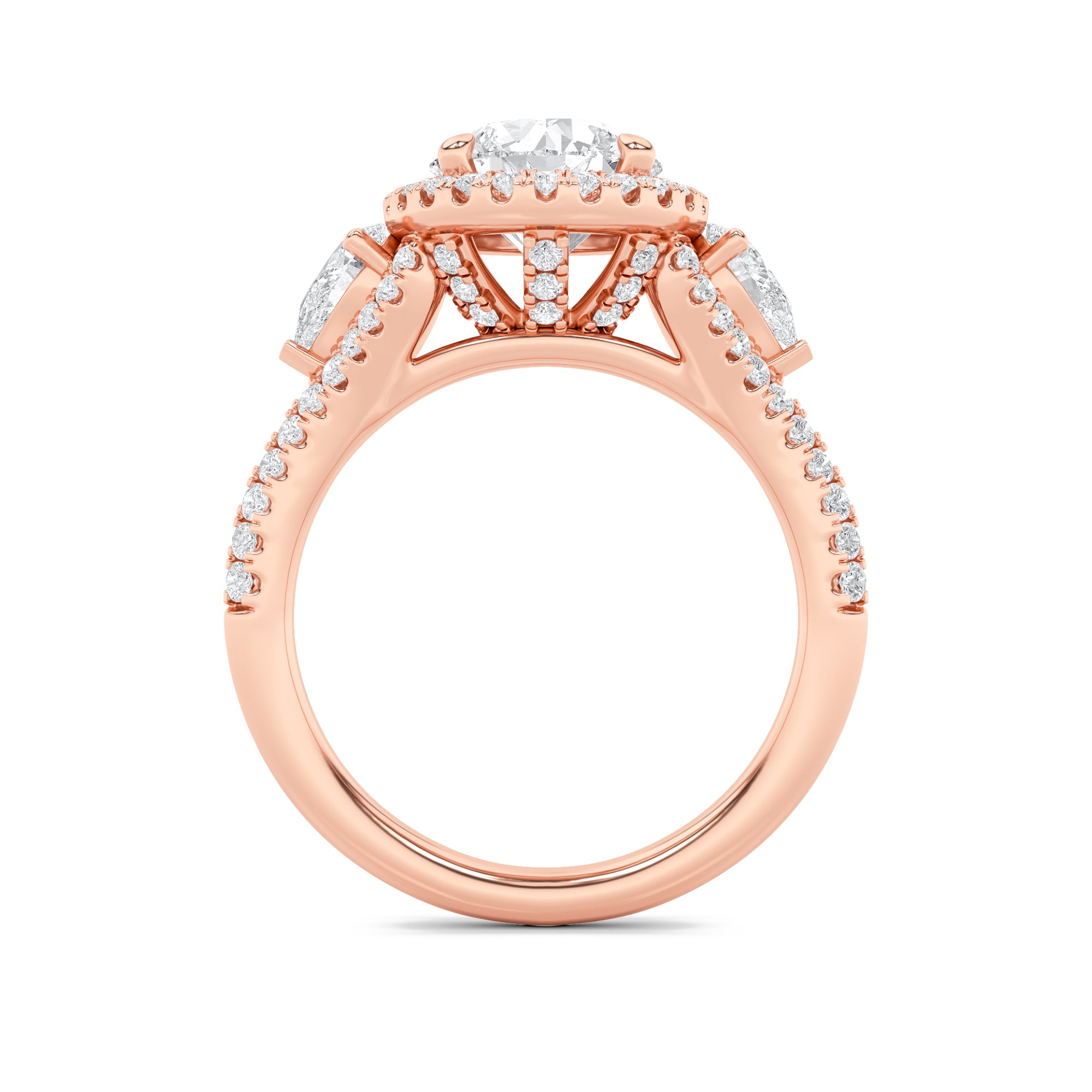 3CTW Round Shaped Lab Grown Diamond (F/VS) Three Stone Bold Accented Engagement Ring in 14K Gold