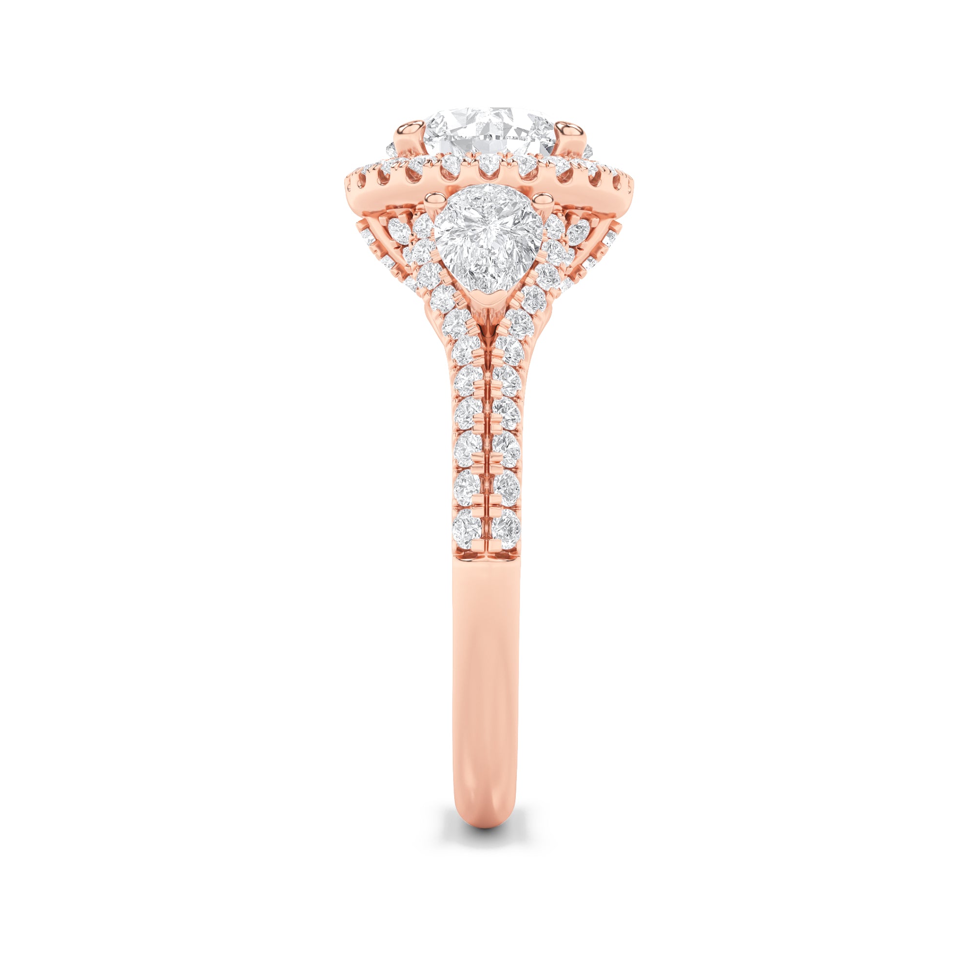 3CTW Round Shaped Lab Grown Diamond (F/VS) Three Stone Bold Accented Engagement Ring in 14K Gold