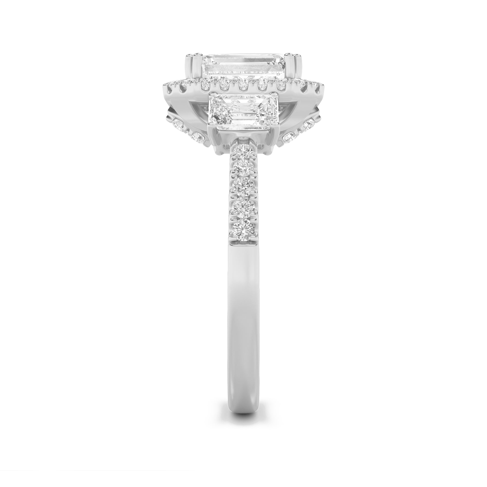 3CTW Emerald Shaped Lab Grown Diamond (G/VS) Three Stone Accented Engagement Ring in 14K Gold
