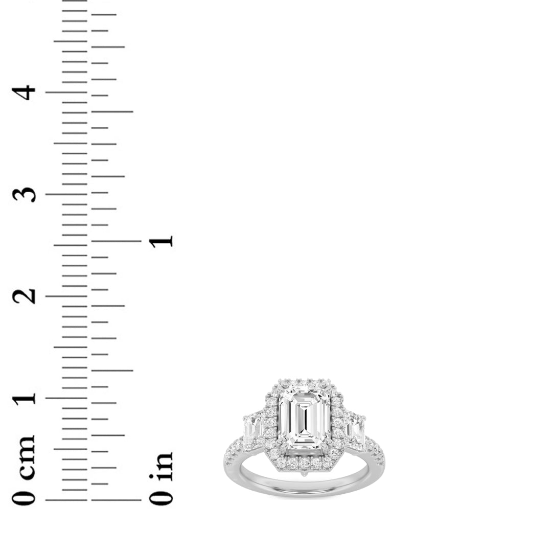 3CTW Emerald Shaped Lab Grown Diamond (G/VS) Three Stone Accented Engagement Ring in 14K Gold