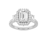 3CTW Emerald Shaped Lab Grown Diamond (F/VVS) Three Stone Accented Engagement Ring in 14K Gold