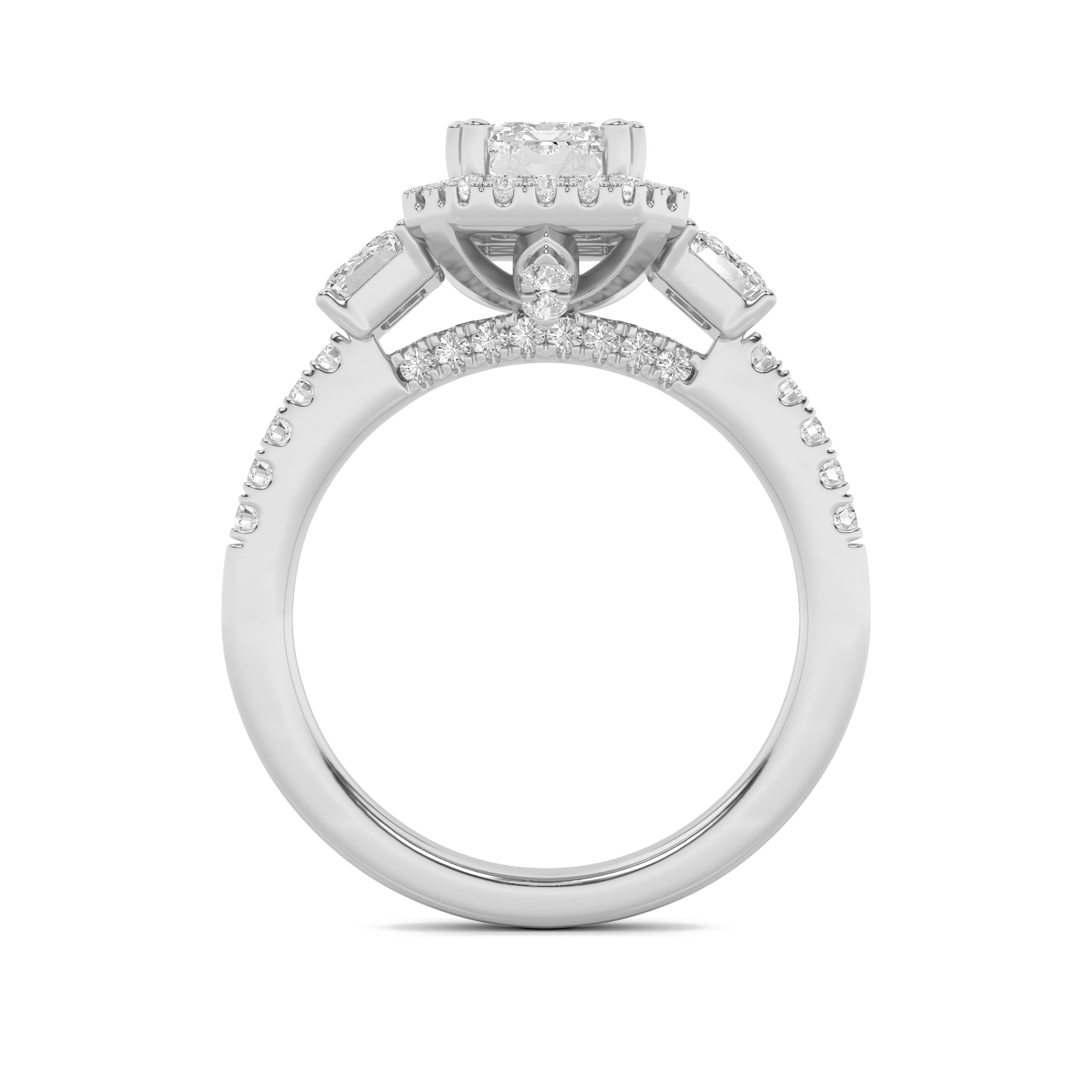 3CTW Emerald Shaped Lab Grown Diamond (F/VVS) Three Stone Accented Engagement Ring in 14K Gold