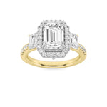 3CTW Emerald Shaped Lab Grown Diamond (G/VS) Three Stone Accented Engagement Ring in 14K Gold