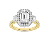 3CTW Emerald Shaped Lab Grown Diamond (G/VS) Three Stone Accented Engagement Ring in 14K Gold