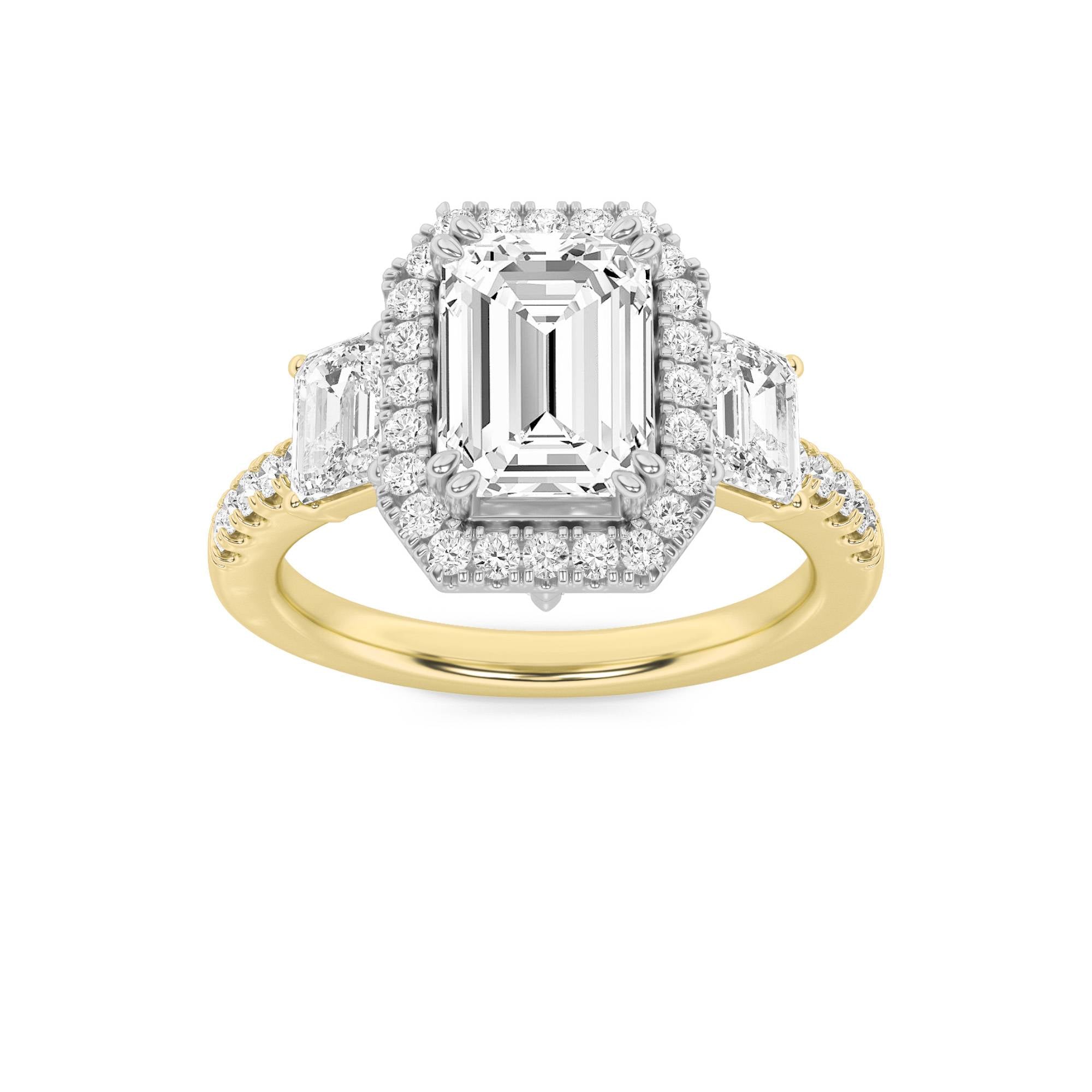 3CTW Emerald Shaped Lab Grown Diamond (G/VS) Three Stone Accented Engagement Ring in 14K Gold