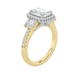 3CTW Emerald Shaped Lab Grown Diamond (G/VS) Three Stone Accented Engagement Ring in 14K Gold