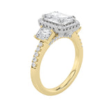 3CTW Emerald Shaped Lab Grown Diamond (G/VS) Three Stone Accented Engagement Ring in 14K Gold