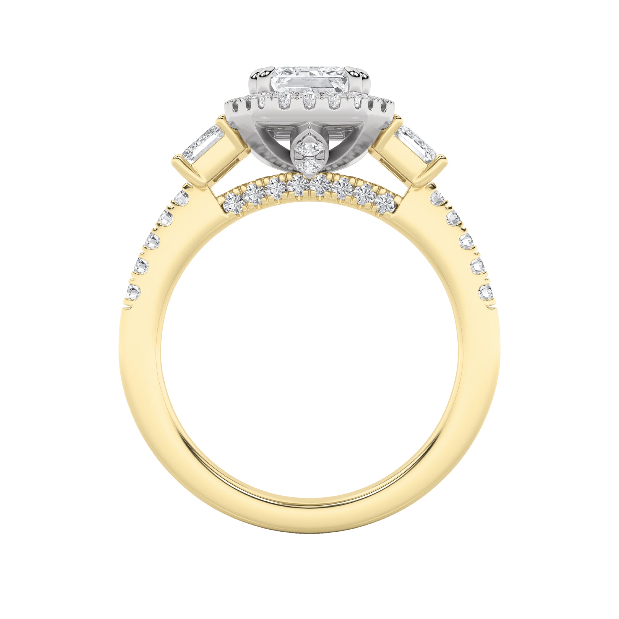 3CTW Emerald Shaped Lab Grown Diamond (G/VS) Three Stone Accented Engagement Ring in 14K Gold