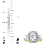 3CTW Emerald Shaped Lab Grown Diamond (G/VS) Three Stone Accented Engagement Ring in 14K Gold