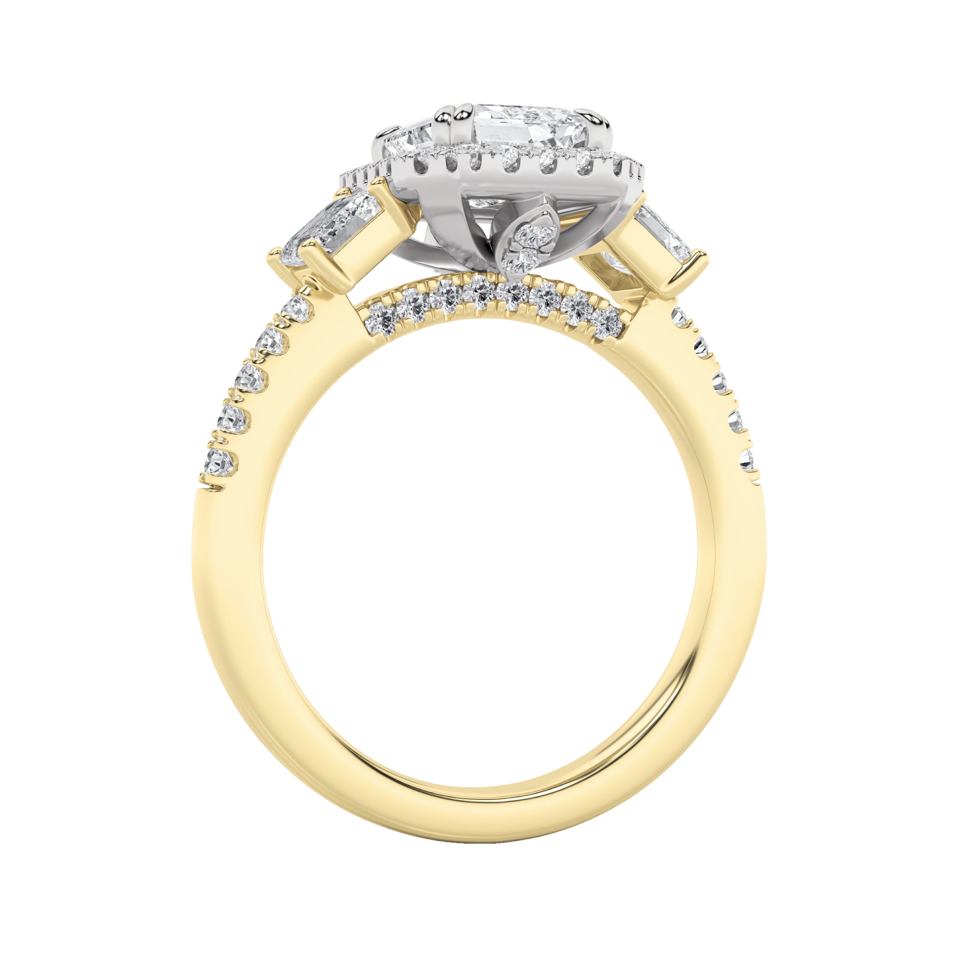 3CTW Emerald Shaped Lab Grown Diamond (G/VS) Three Stone Accented Engagement Ring in 14K Gold
