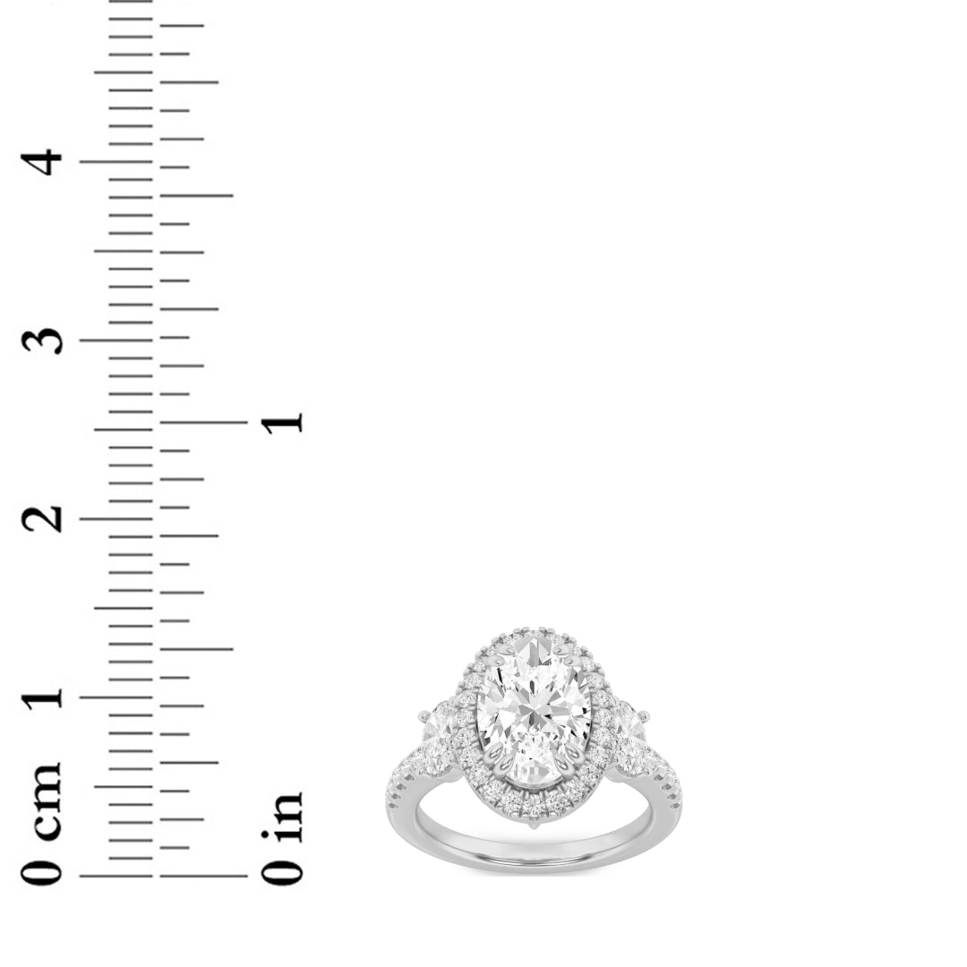 3CTW Oval Shaped Lab Grown Diamond (G/VS) Three Stone Accented Engagement Ring in 14K Gold