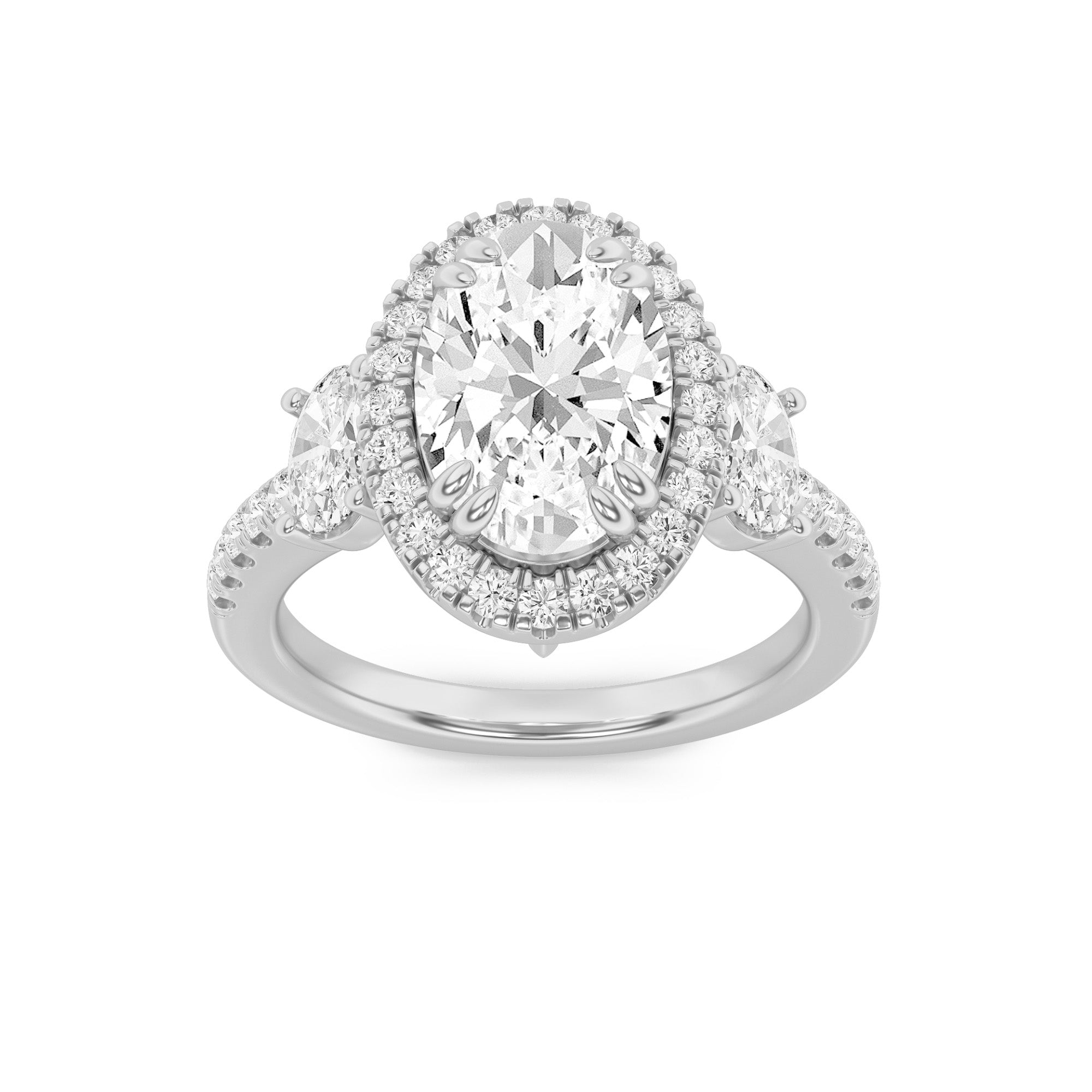 3CTW Oval Shaped Lab Grown Diamond (F/VVS) Three Stone Accented Engagement Ring in 14K Gold