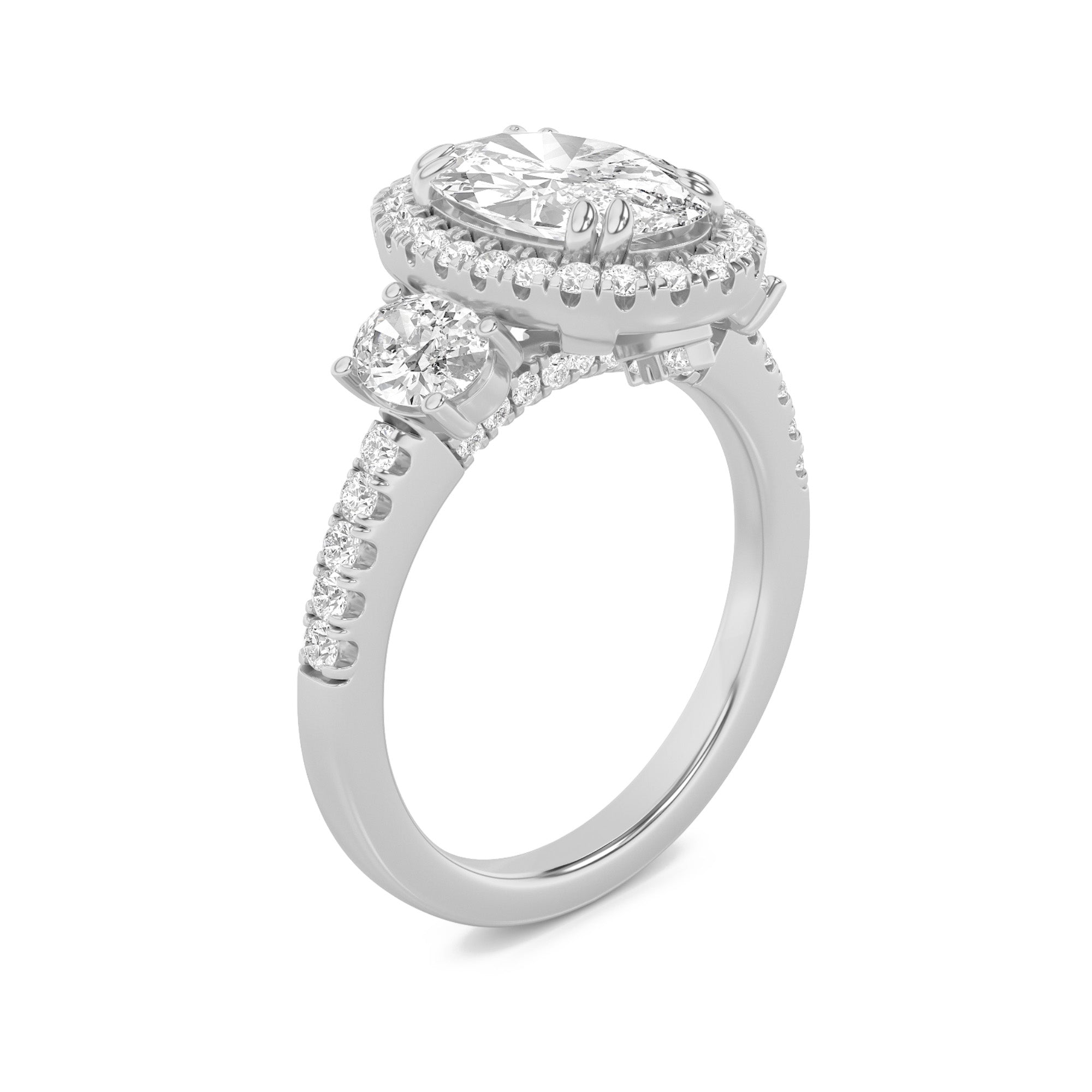 3CTW Oval Shaped Lab Grown Diamond (F/VVS) Three Stone Accented Engagement Ring in 14K Gold