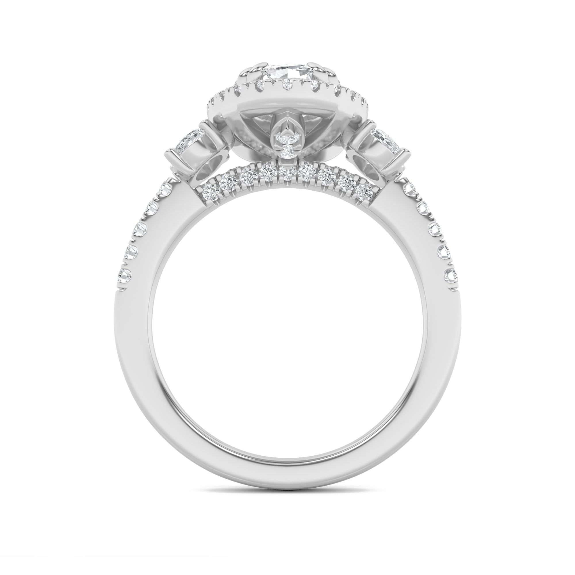 3CTW Oval Shaped Lab Grown Diamond (F/VVS) Three Stone Accented Engagement Ring in 14K Gold