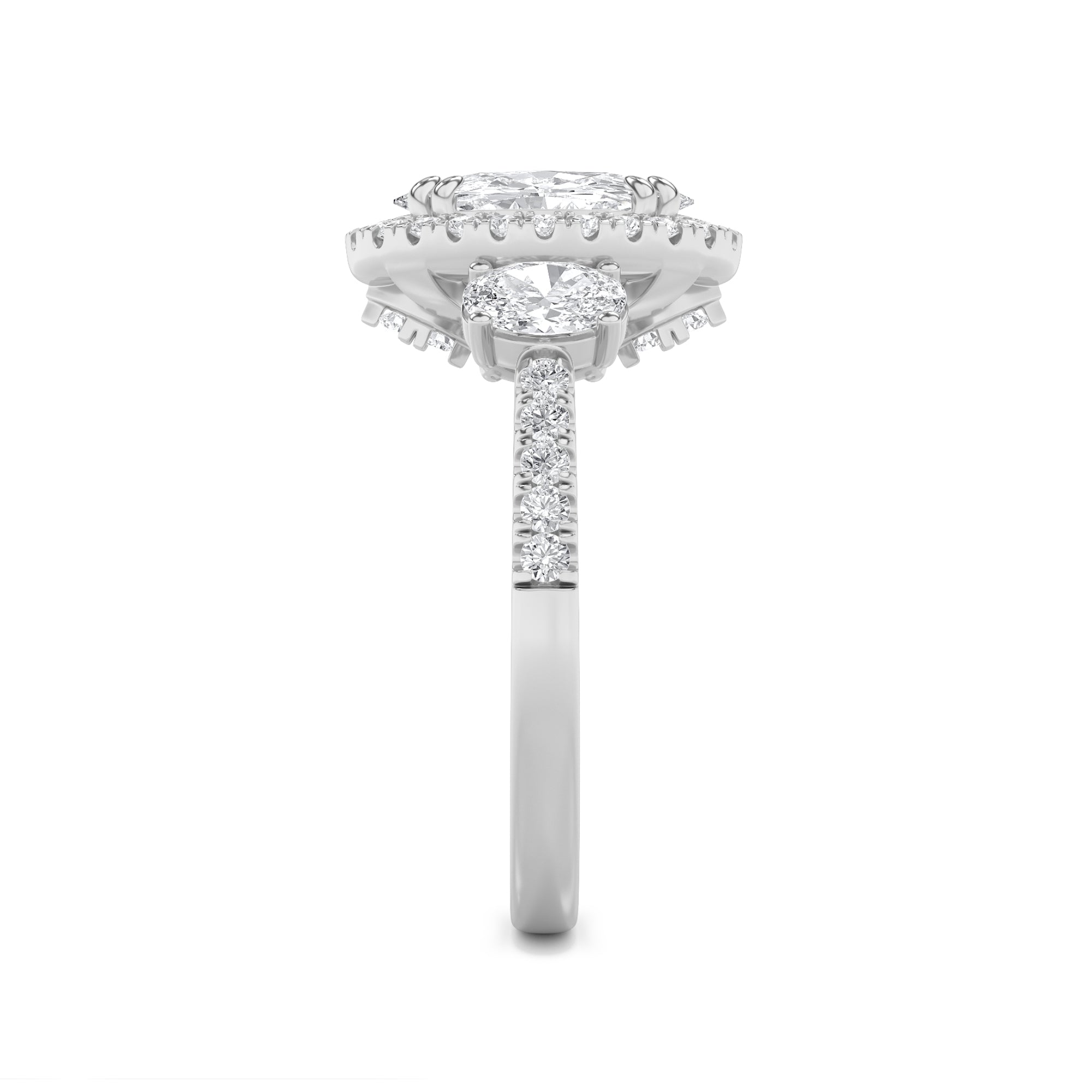 3CTW Oval Shaped Lab Grown Diamond (F/VVS) Three Stone Accented Engagement Ring in 14K Gold