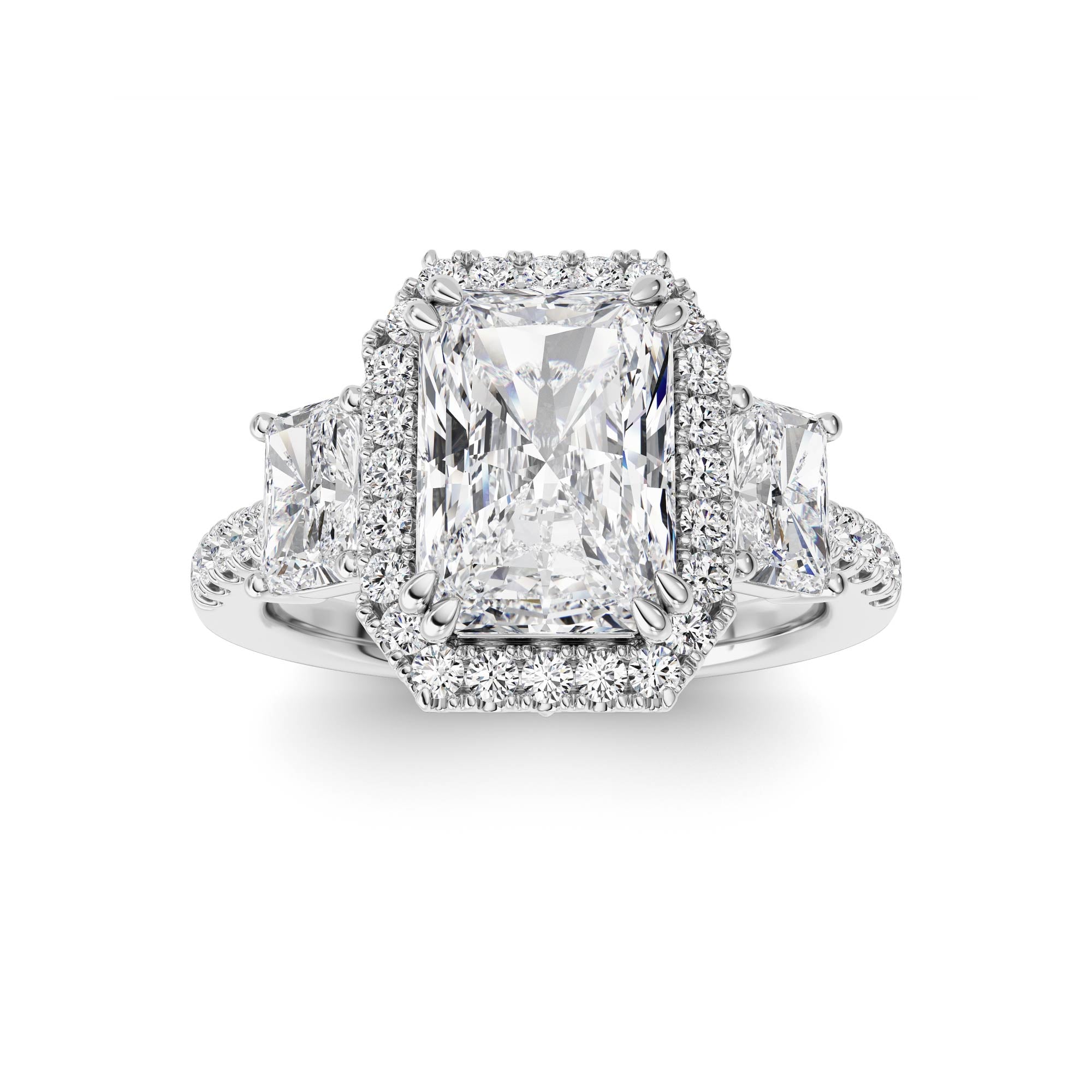 3CTW Radiant Shaped Lab Grown Diamond (F/VS) Accented Three Stone Ring in 14K Gold