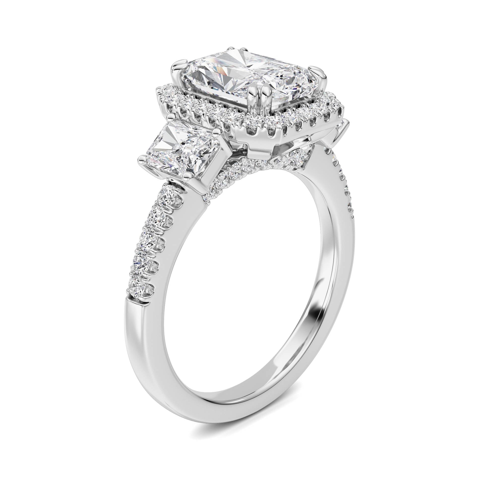 3CTW Radiant Shaped Lab Grown Diamond (F/VS) Accented Three Stone Ring in 14K Gold